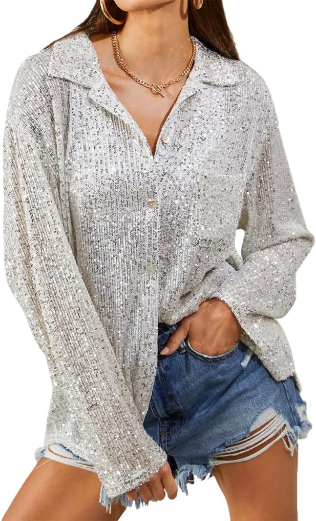 Sequin Button Front Shirt Women’s Dinner Blouse Silver Sequin Tops Sparkly Button Up Shirt Collared Long Sleeve Blouse
