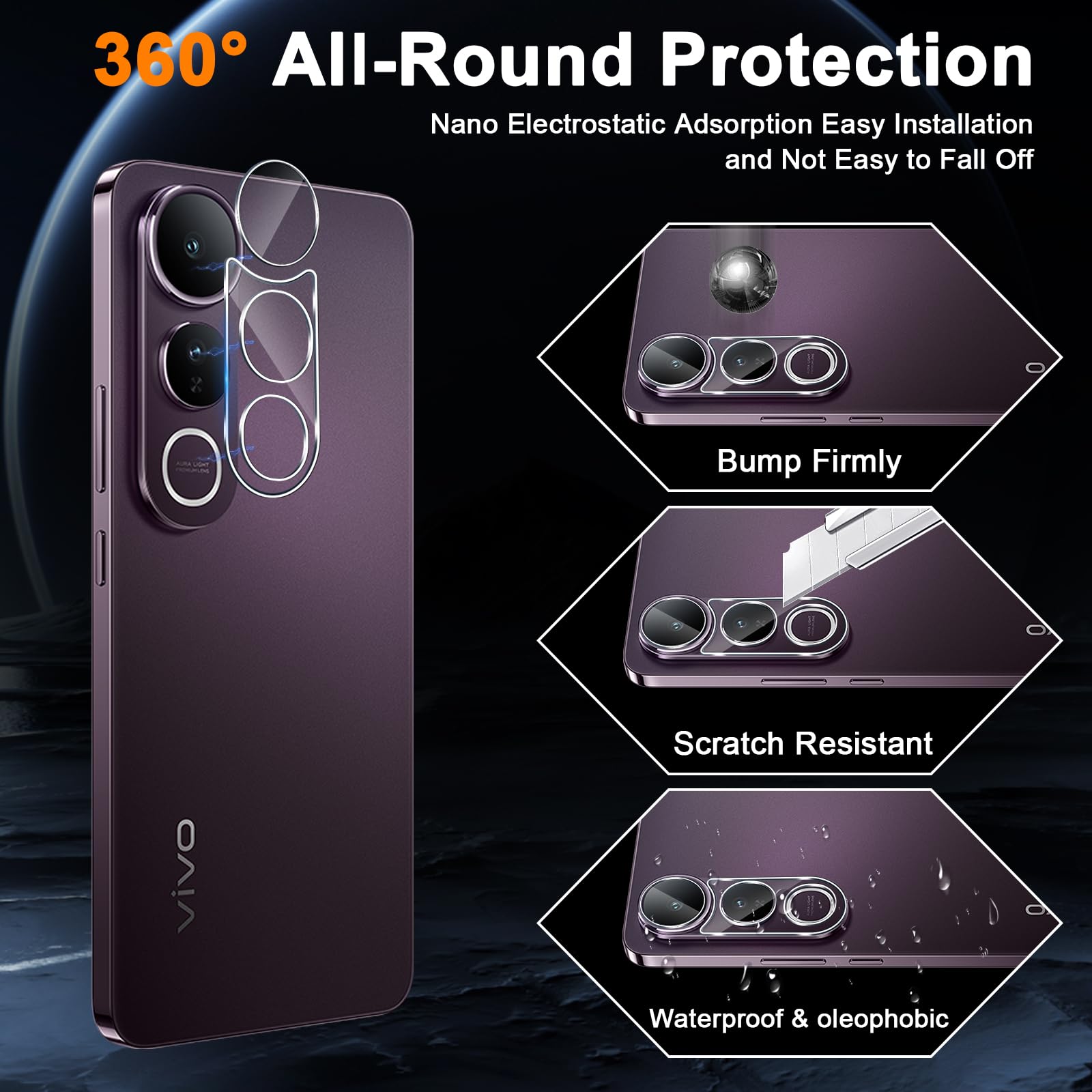 QULLOO Vetro Temperato Per VIVO V50E / V50 5G – 2 Pezzi Per Schermo + 2 Per Fotocamera, 9H, Trasparente, Anti Impronte, Bordo Curvo
