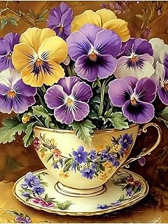 MTPGNW 5D Pansies DIY Diamond Art Painting, Teacup Flower Diamond Paintings Wall Art DIY Diamond Dots Crafts Kits Gift Home Wall Decor Gifts Living Room Bedroom Decoration 8x12 INCH