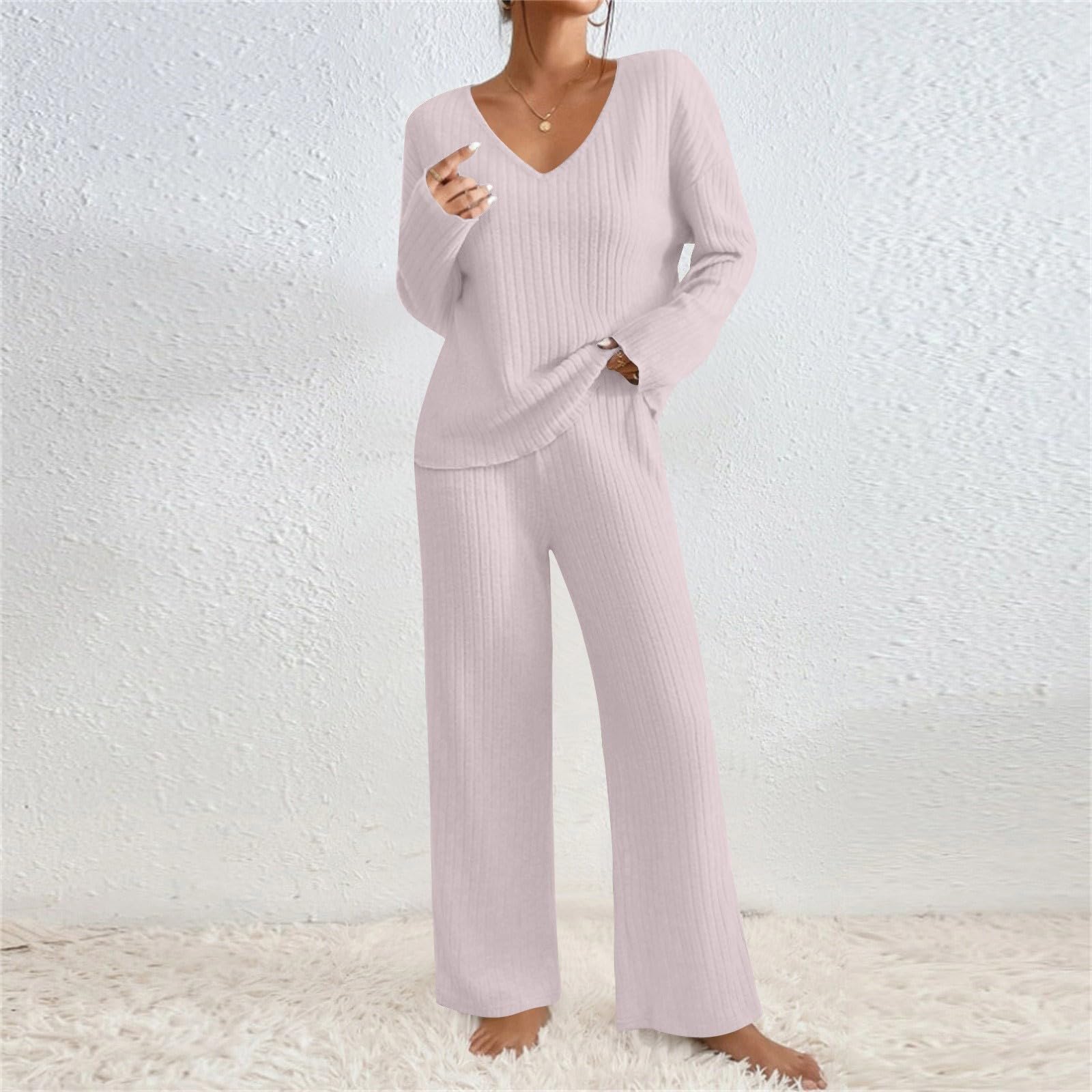 EMATOP Zweiteiler Damen Lässig Langarm Strickanzug Sport Einfarbig Jogginganzug Elegant Lang Freizeitanzug Warm Stricken Tracksuit 2 Teilig Pullover und Hosen Hausanzug Bequem Loungewear Set