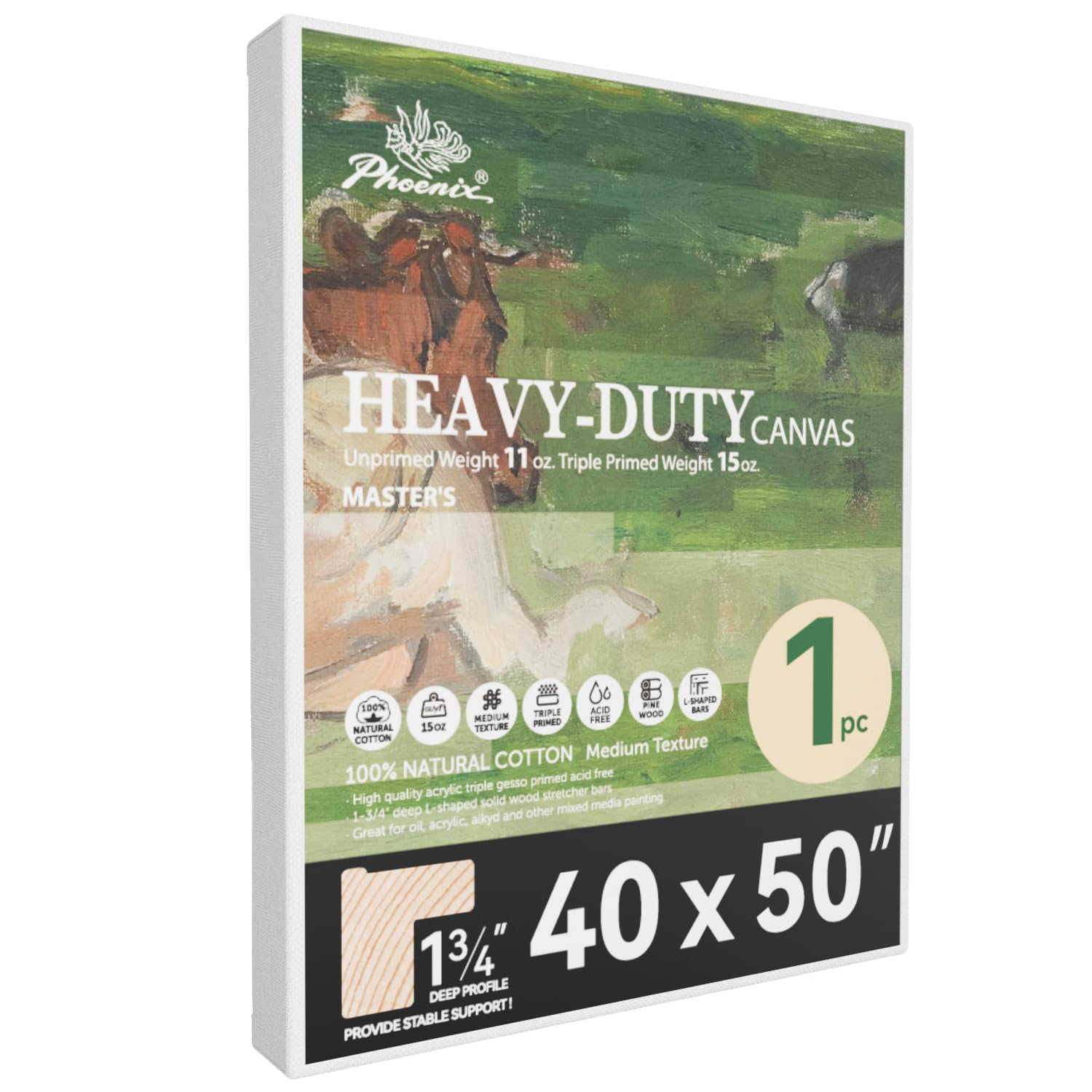 Photo 1 of PHOENIX 40x50 Inch 1 Pack Heavy Duty Stretched Canvas - 1 3/4" Thick Extra Large Canvas for Painting - Master Series 15 Oz. Gesso Primed Cotton Archival Canvases for Professional Artists