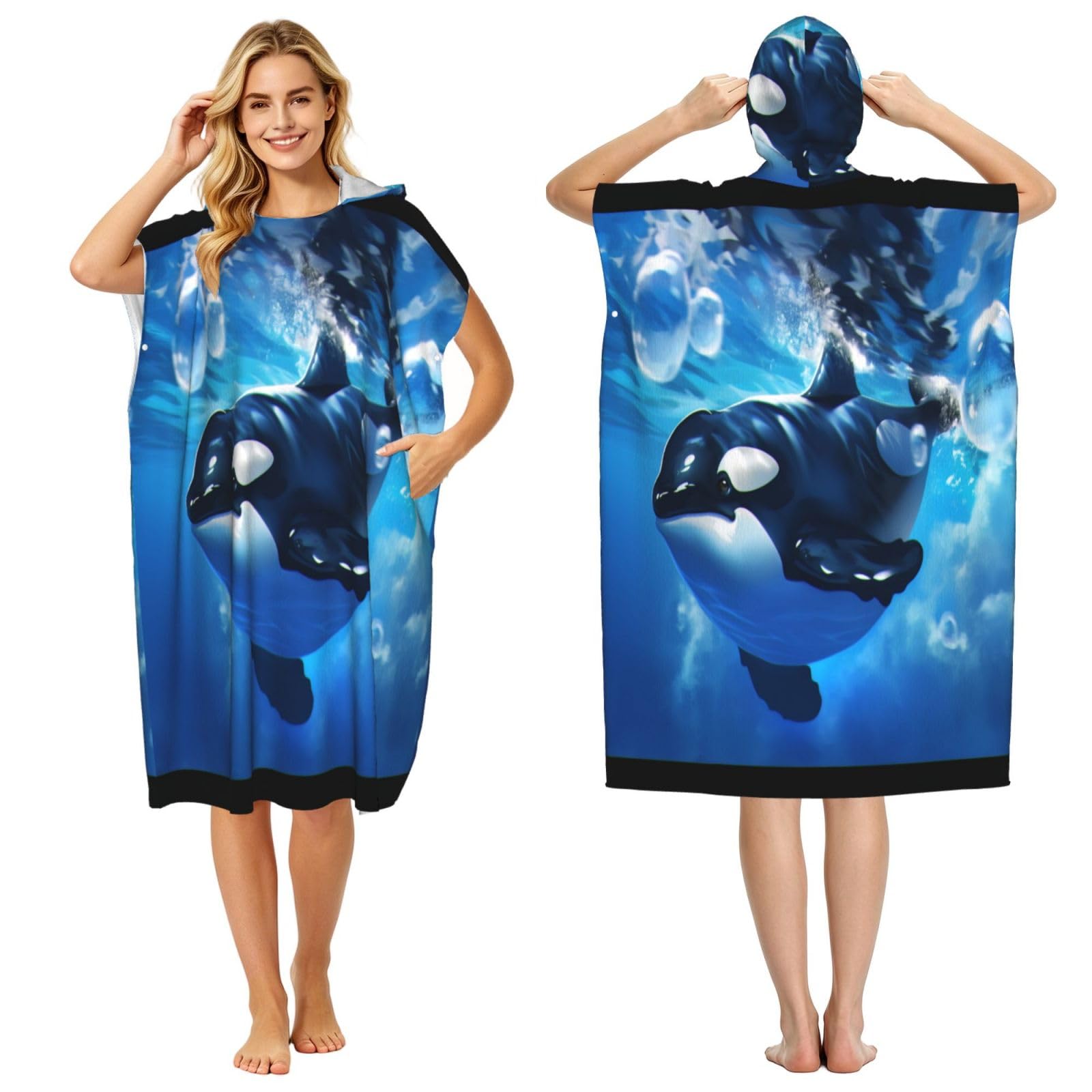 The Killer Whale In The Sea Adult Hooded Beach Poncho Towel 43"X35"