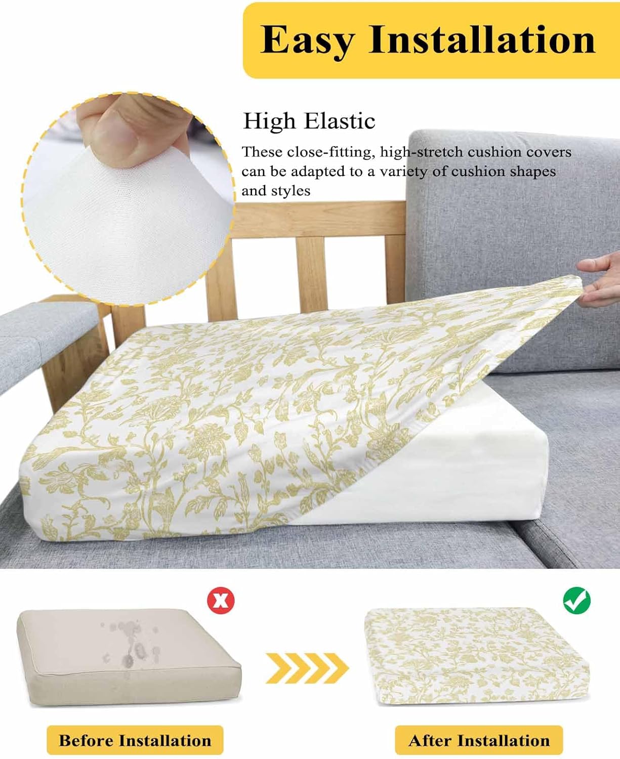 Yellow Flower Southwest Couch Cushion Covers Stretch Fitted Individual Sofa Slip Covers for 2 Seat Cushion Couch Washable Sofa Slipcovers for Sectional Pet(M, Vintage Farmhouse Boho Leaf Spring Plant)