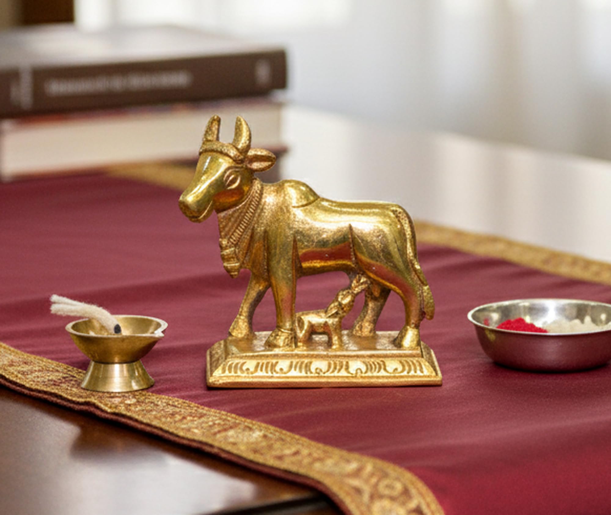 eSplanade Brass Kamdhenu Cow and Calf Sculpture - 6.5 cms | Kamadhenu Auspicious Idol | Good Fortune Statue