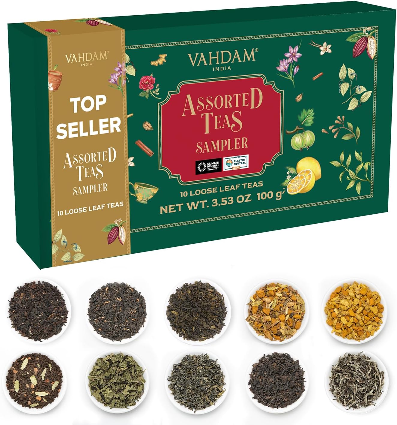 VAHDAM Top 10 Favourites Tea Sampler Set | Loose Leaf Tea (50+ Cups) | Tea Variety Pack with Green, Herbal, Black & Chai Brew | Vacuum Sealed For Freshness | Brew Hot & Col
