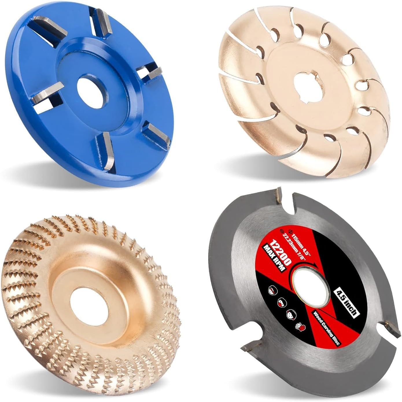 Angle Grinder Wood Carving Disc Set - Grinding Wheel, Attachments for Cutting and Shaping - 4 1/2 Inch With 5/8 & 7/8 Arbor