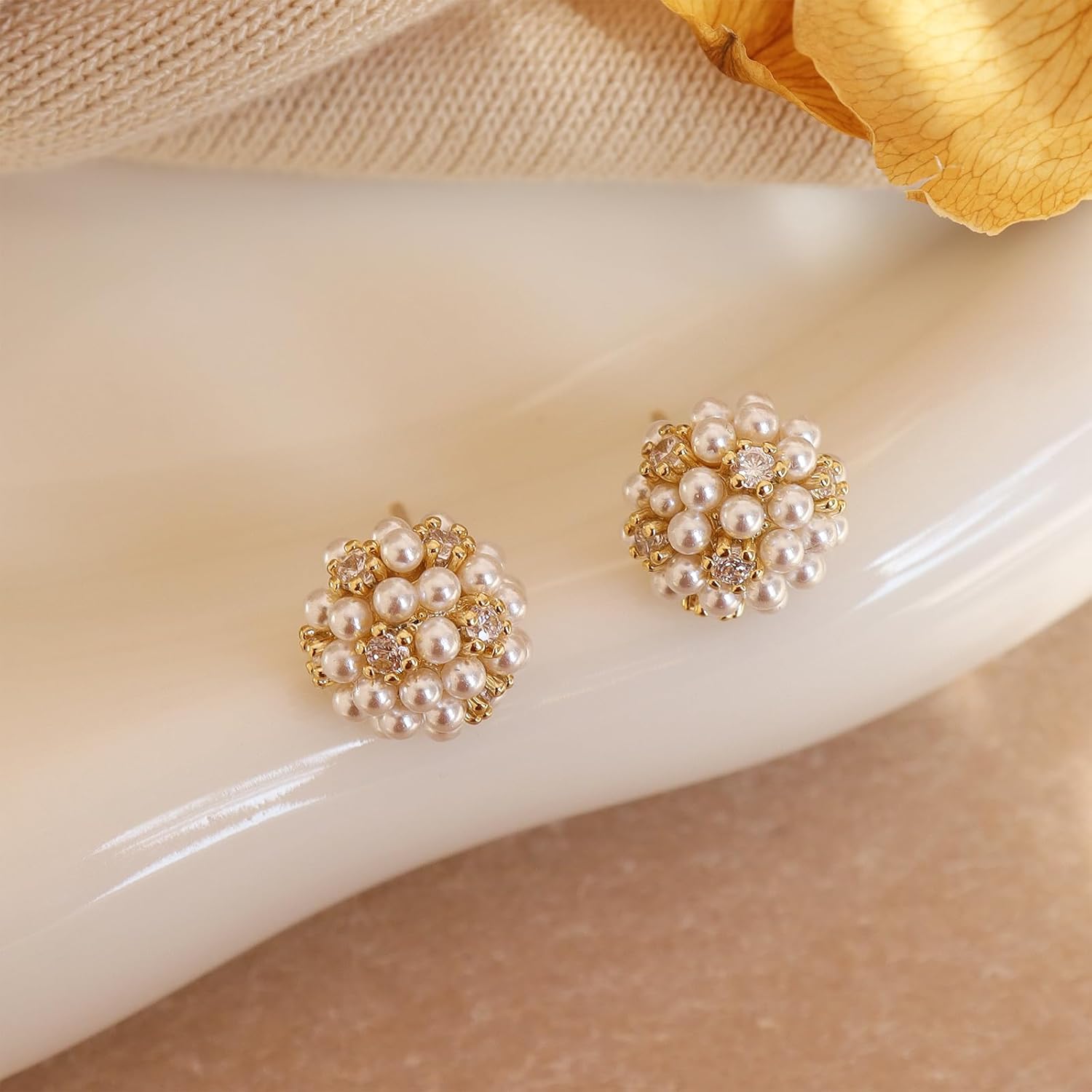 Jean Beau Pearl Flower Leaf Stud Earrings for Women Statement Cluster CZ Pearls Earring Gold Plated Sterling Silver Wedding Prom Birthday Fashion Jewelry Gift - Image 4