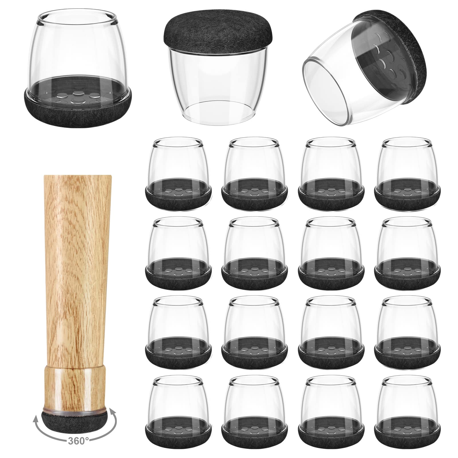 16 Pack Chair Leg Floor Protectors for Hardwood Floors, Round Rubber Furniture Sliders, 360°Felt Pad Bottom Wrapped Thickening Silicone Furniture Legs