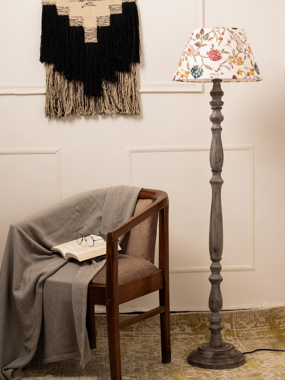 Green Girgit Wooden Grey Color Floor Lamp with Taper White Multicolor Lamp Shade, Rustic Floor Lamp with Floral Shade, Grey Wooden Base, Traditional Standing Light for Living Room (LED Bulb Included)-image-31