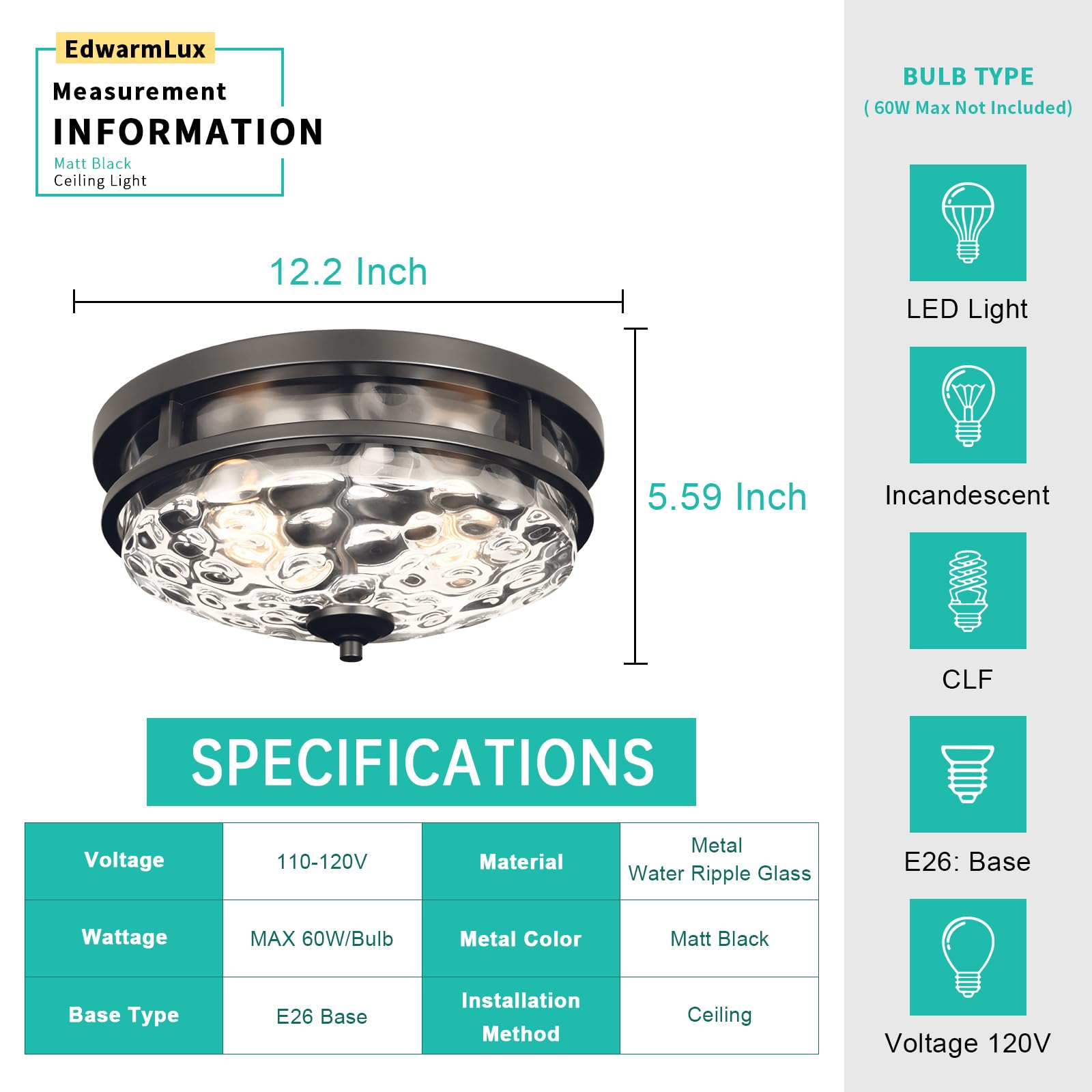 Edwarmlux Flush Mount Ceiling Lights, 2-Light Farmhouse Close to Ceiling Light, Industrial Ceiling Lighting Fixture for Kitchen Hallway Bedroom Living Room Stairways Porch (Black)