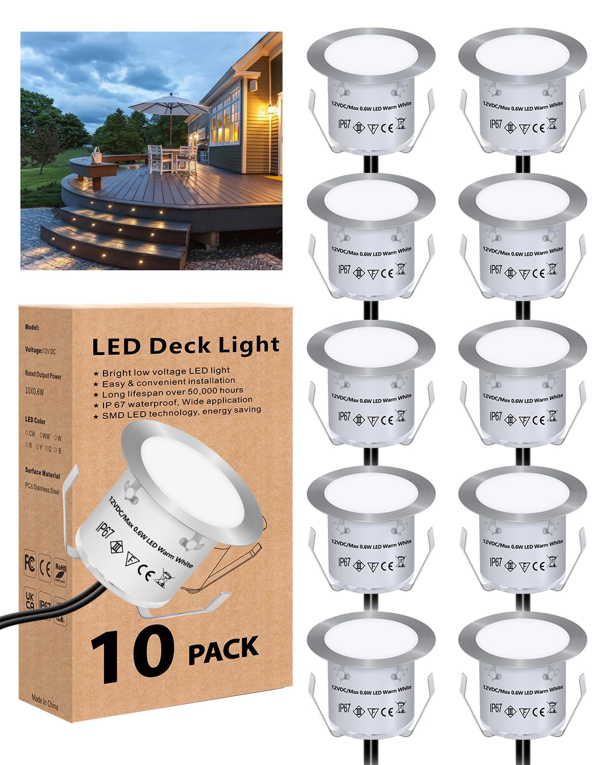 Hiboitec Warm White 10Pcs Decking Lights, 0.6W Led Deck Lights, Deck Lighting Ip67 Waterproof, 12V Low Voltage Kitchen Plinth Lights For Yard, Garden Steps, Patio, Stair, Driveway