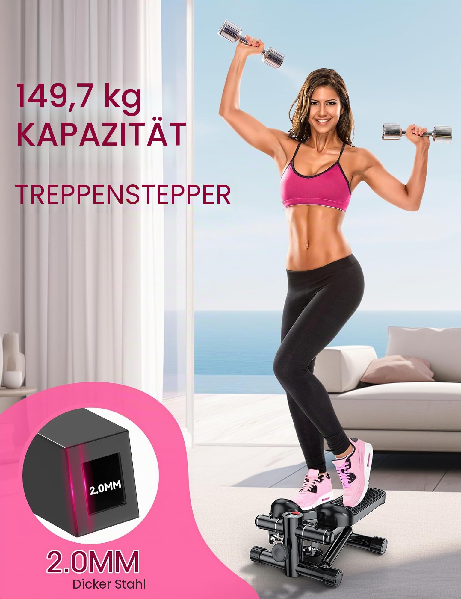 Mini-Stepper für Übungen, Treppenstepper 150 kg Kapazität, Workout-Stepper für Training zu Hause, Schrittmaschine mit Widerstandsbändern