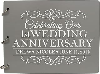 LifeSong Milestones Personalized 1st Wedding Anniversary Guest Book for Couple - Husband and Wife 1 Year of Marriage Celebration, Wooden Grey Signature Registry Guest Book for First Wedding (Grey)