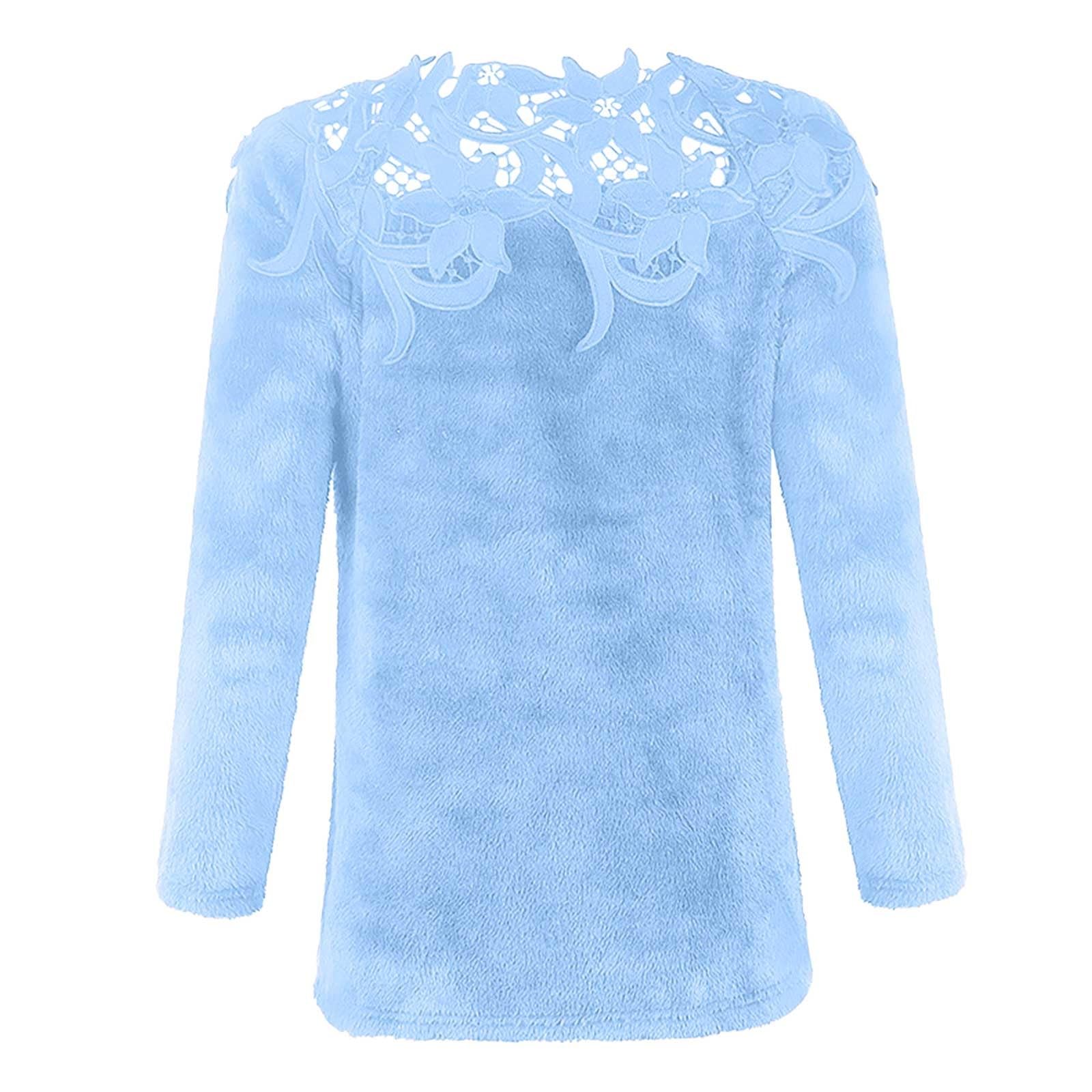 Pull Femme Chic Et Elegant Col Rond Hauts Patchwork en Dentelle Couleur Unie Sweat Polaire Hiver Chaud Manche Longue Pullover Léger DéContracté Pulls en Tricot Vetements Femme Sweater Pas Cher