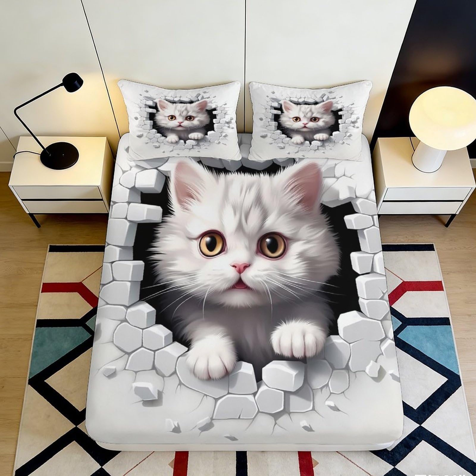 3D Printed Cute Cat Fitted Sheet Microfiber Soft Bedroom Decor White Kitten Bed Cover for Adult Teen Room 90x200x25cm