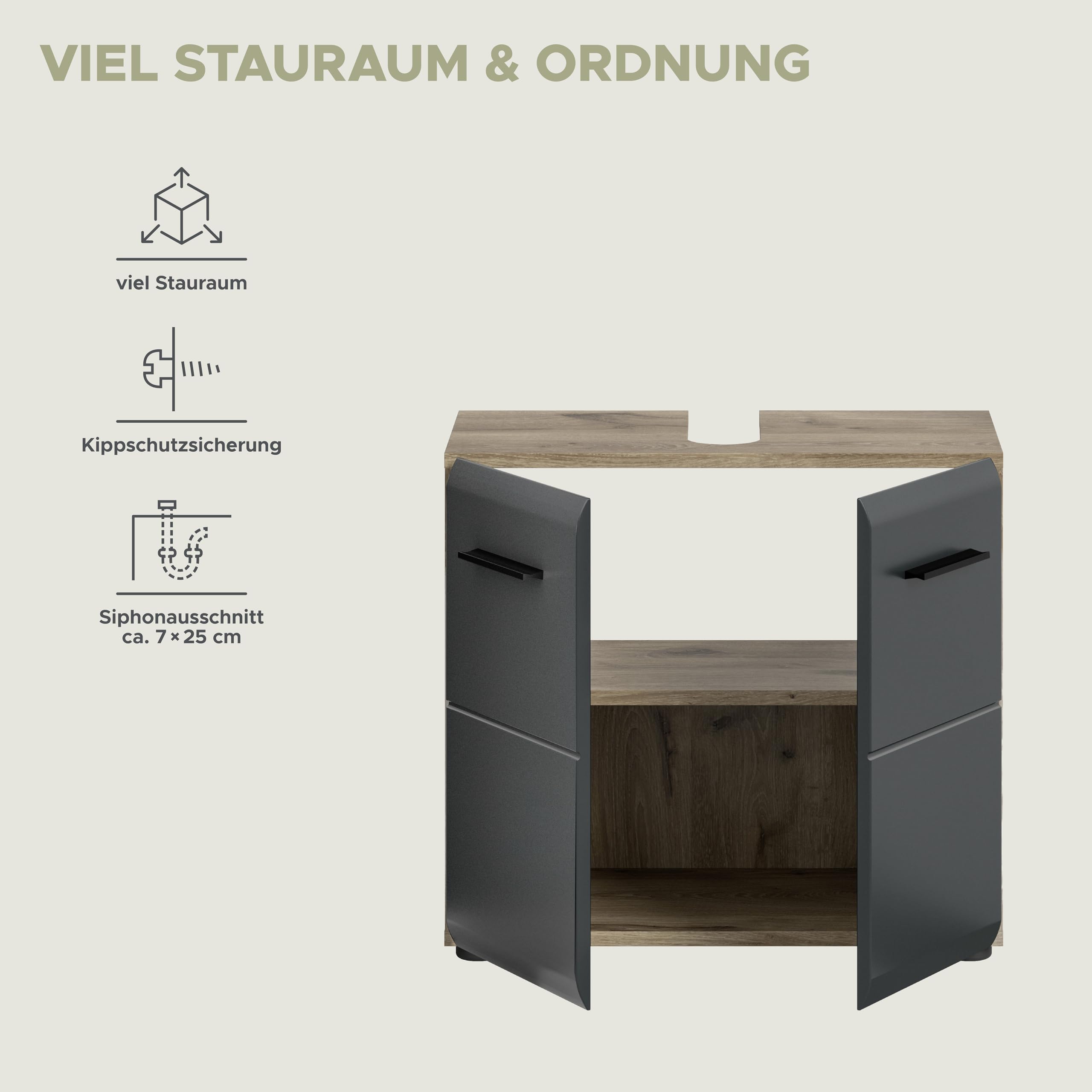 xonox.home – Waschbeckenunterschrank Ice 60x54x30 cm in Korpus Nox Oak Nachbildung und Front schwarz matt – Stilvoller Unterschrank für Waschbecken – elegant & kompakt