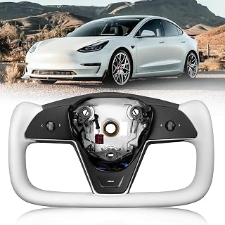 Heated Yoke Steering Wheel for Tesla Model 3 2017–2023, for Tesla Model Y 2020–2024, White Nappa Leather, Hand-Stitched, Factory-Matched 1:1 Fitment