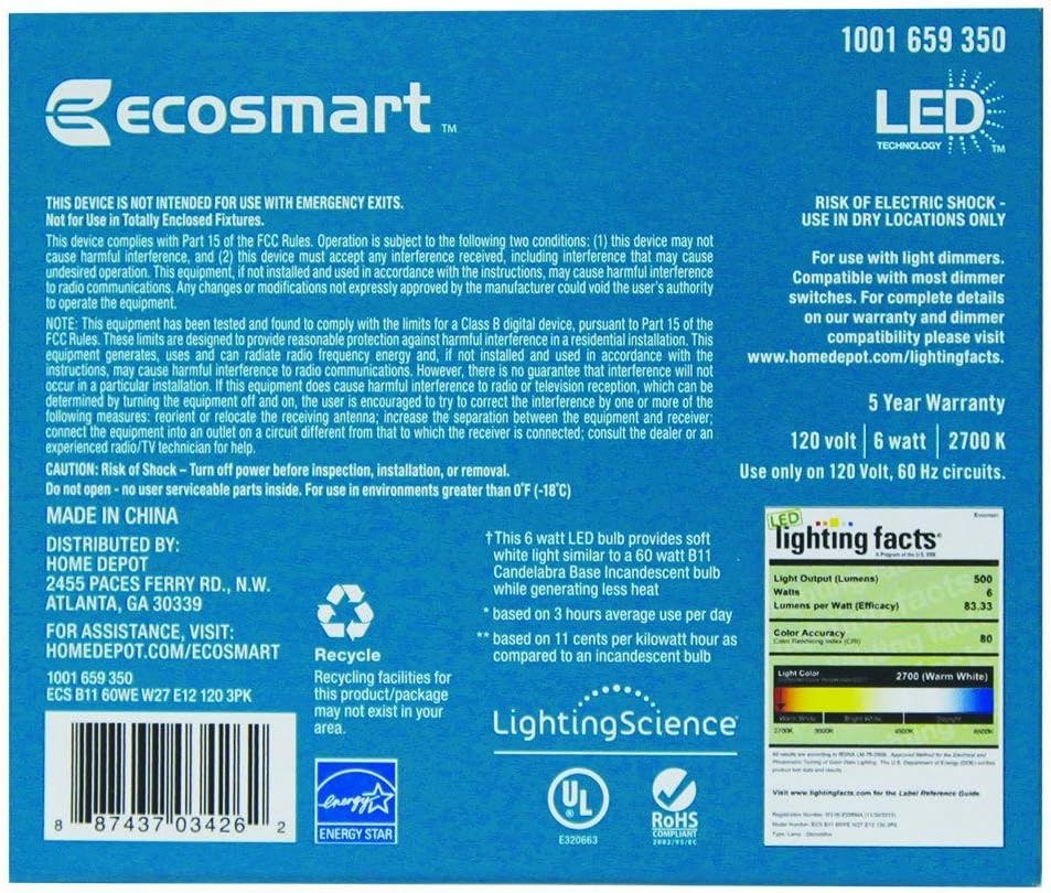 EcoSmart 60W Equivalent Soft White Clear Dimmable LED Light Bulbs B11 Candelabra Base (3 Pack)