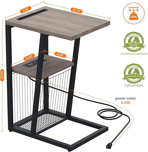 Miniatura 3 de Heybly HET001CSG2 - Juego de 2 mesas auxiliares en forma de C con estación de carga, soporte para teléfono, 2 puertos USB y tomas de corriente,