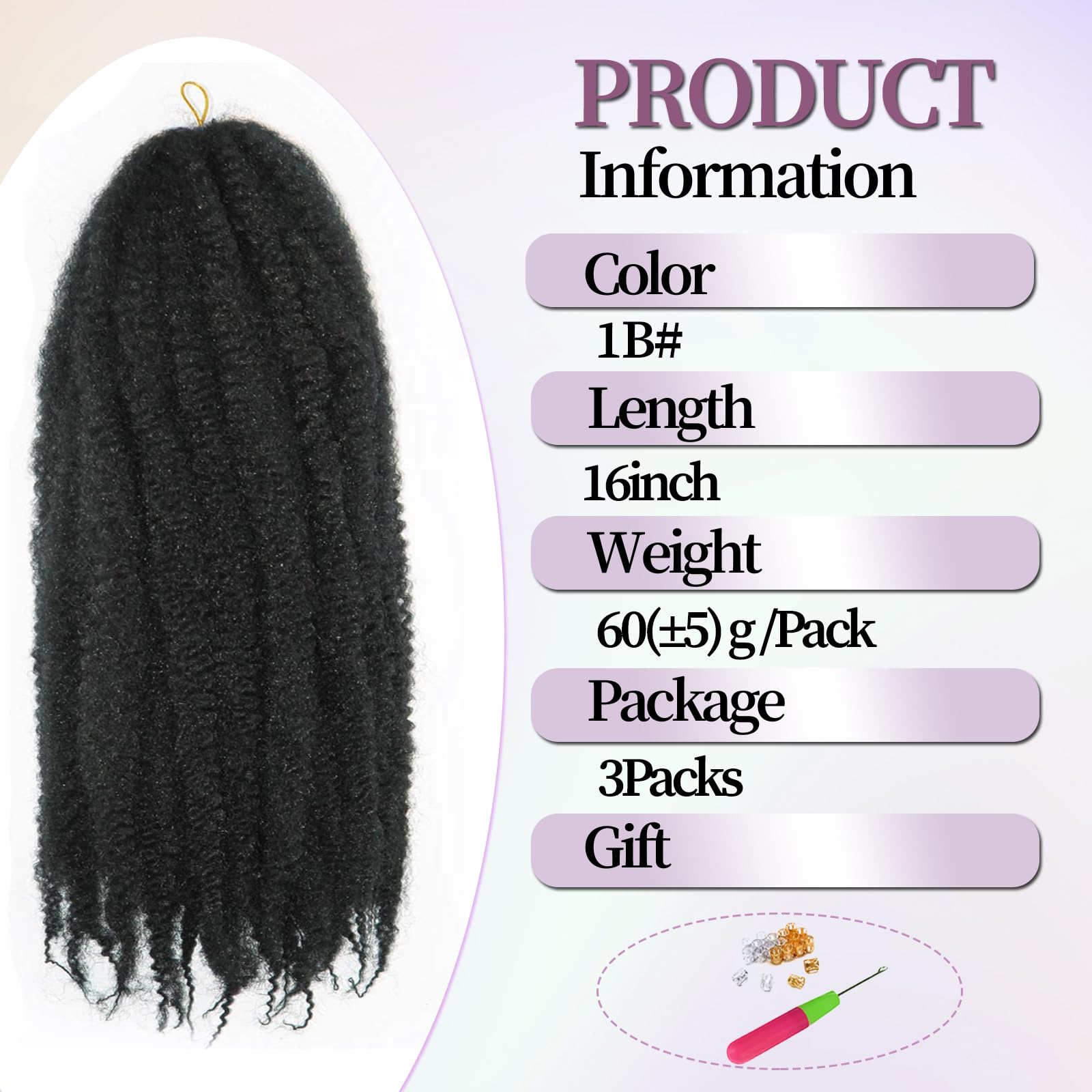 Tresses en crochet style Marley Twist pour cheveux afro, frisés, bouclés, cubains, tresses sénégalaises synthétiques, extensions de cheveux en crochet pour femmes (1b, 40,6 cm/lot de 3)