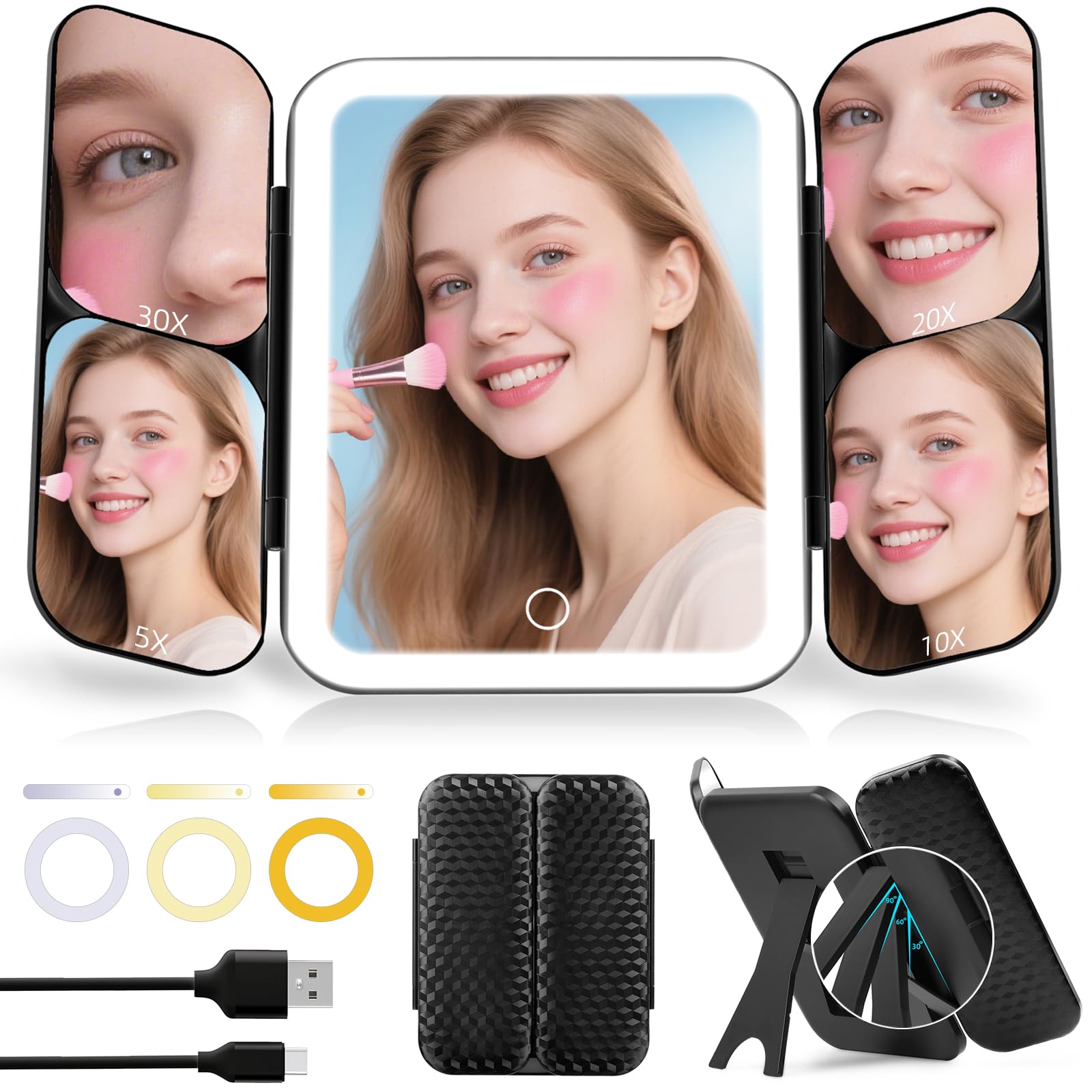 Tri-fold Vanity Mirror with Lights, 1X Full Face & 5X/10X/20X/30X Magnification Mirror with Lights, Rechargeable 3-Color Light Makeup Magnifying Mirror with Foldable Stand - for Travel, Desk, Home Use