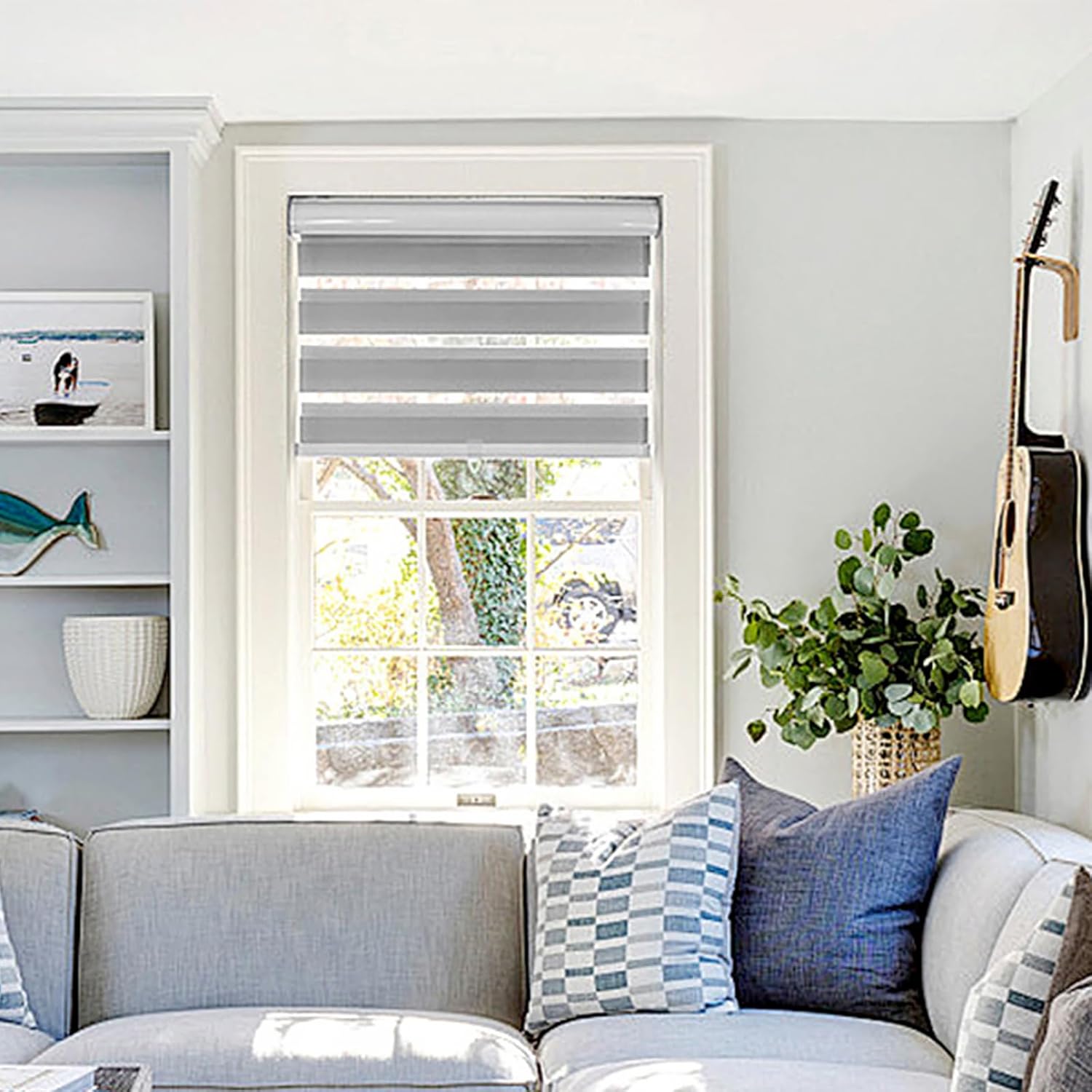 Lustrowin Custom Cordless Zebra Blinds for Windows, Zebra Shades with Dual Layer Sheer Light Control for Day and Night, Light Filtering Window Treatment Roller Window Shades for Home, Grey