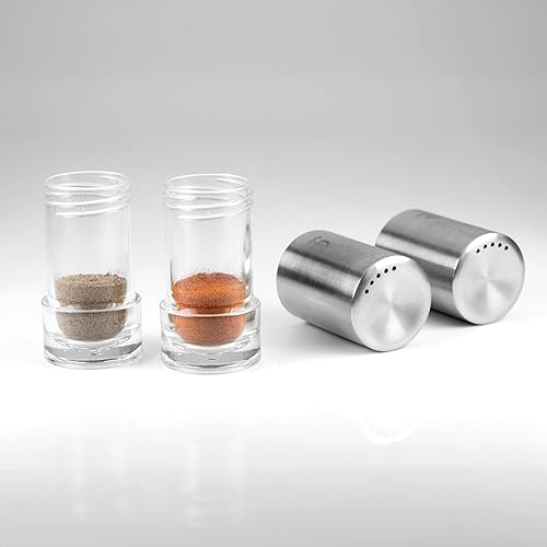 Miniatura 3 de Salero y pimentero de acero inoxidable con soporte, elegante juego de sal y pimienta para mesa de comedor, cocina y restaurante, recargable y fácil
