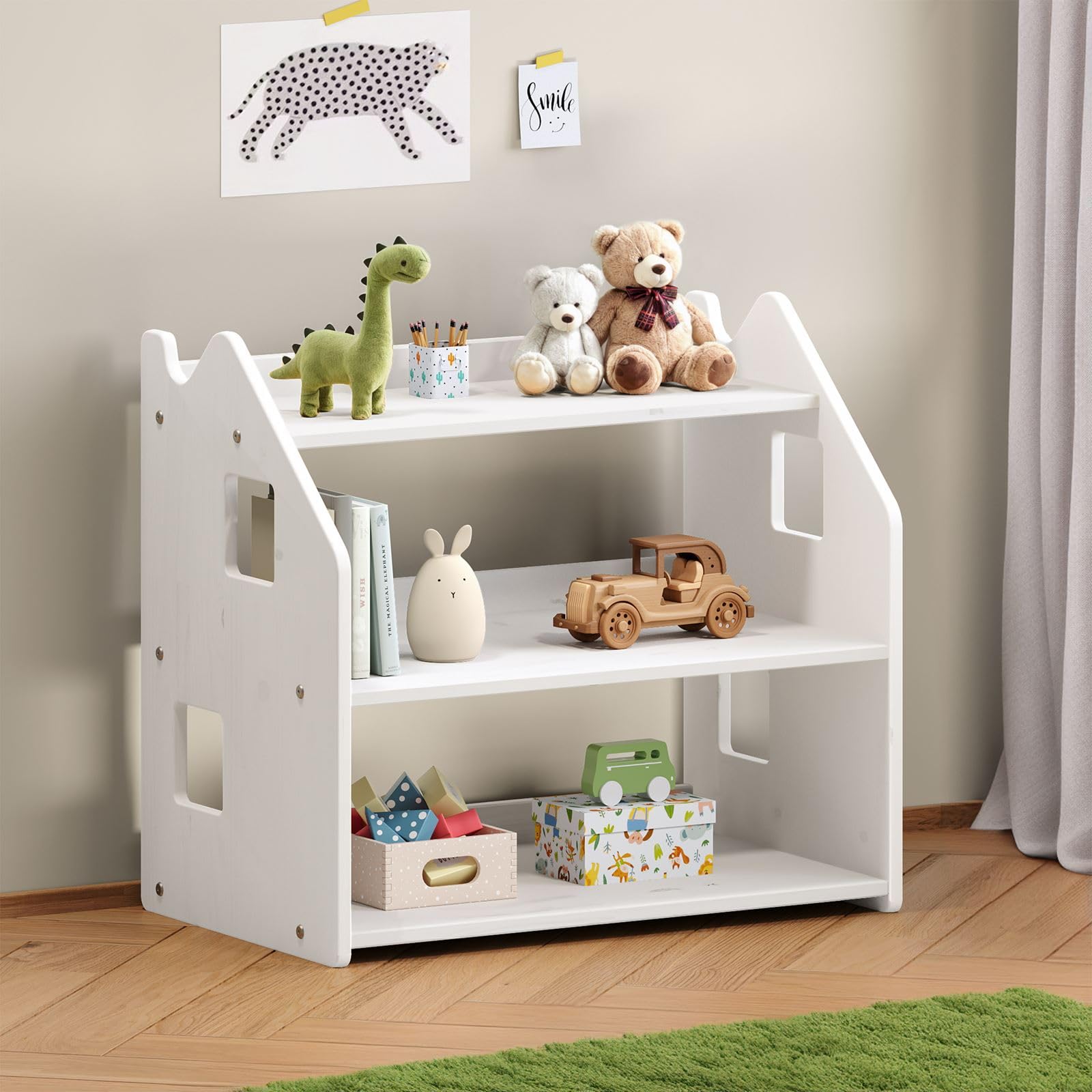 IDIMEX Kinderregal Yasmin 3 Ablagen weiß - Montessori Regal für Spielzeug und Bücher, Kinderzimmer Aufbewahrung aus Kiefer Massivholz, Regalaufbewahrung