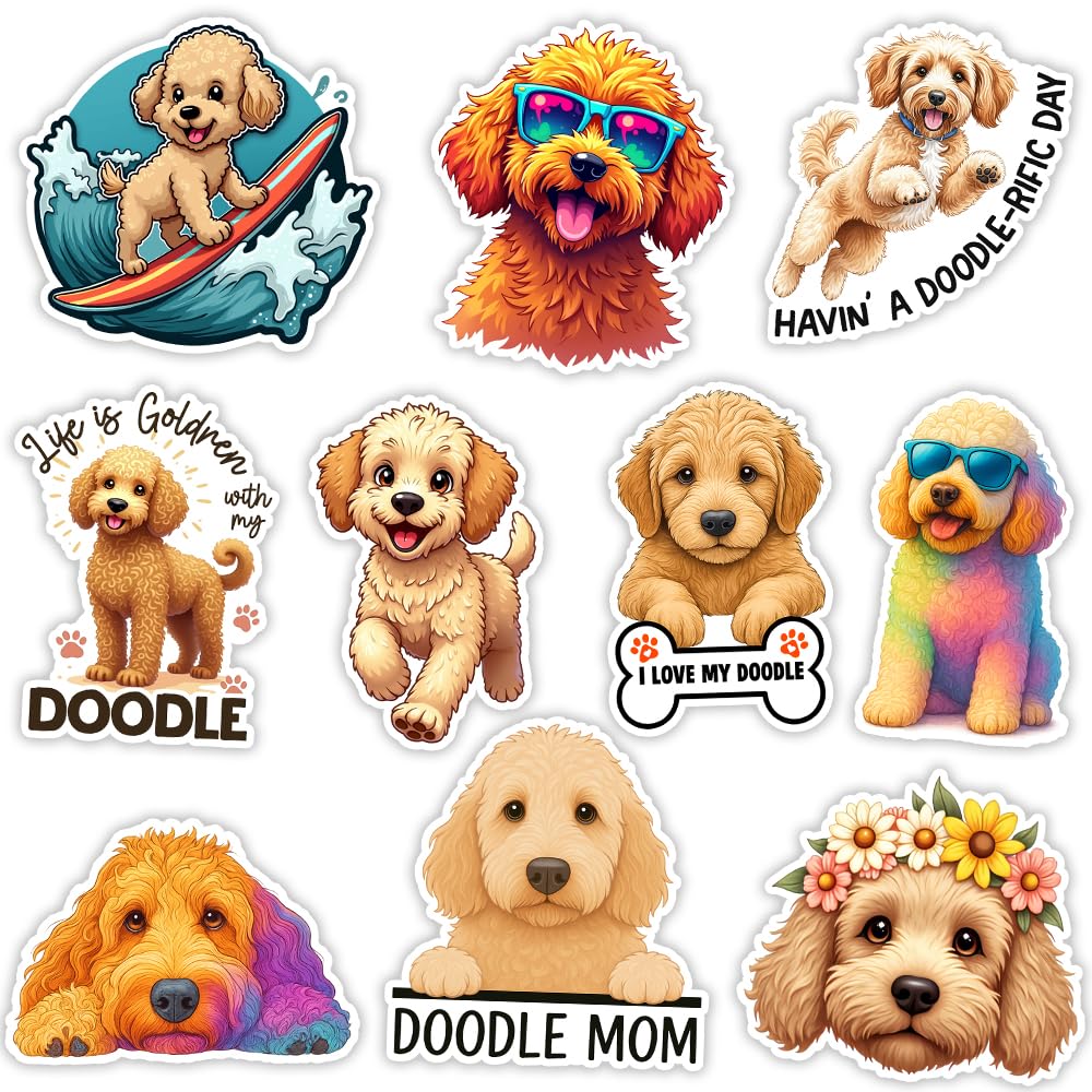 MAIANEY | Funny Doodle Dog Stickers, Set of 10-3 in, Cute Labradoodle Goldendoodle Vinyl Decals for Dog Lovers – Waterproof Aesthetic Doodle Mom Stickers for Laptop, Water Bottle, Scrapbook, Gift