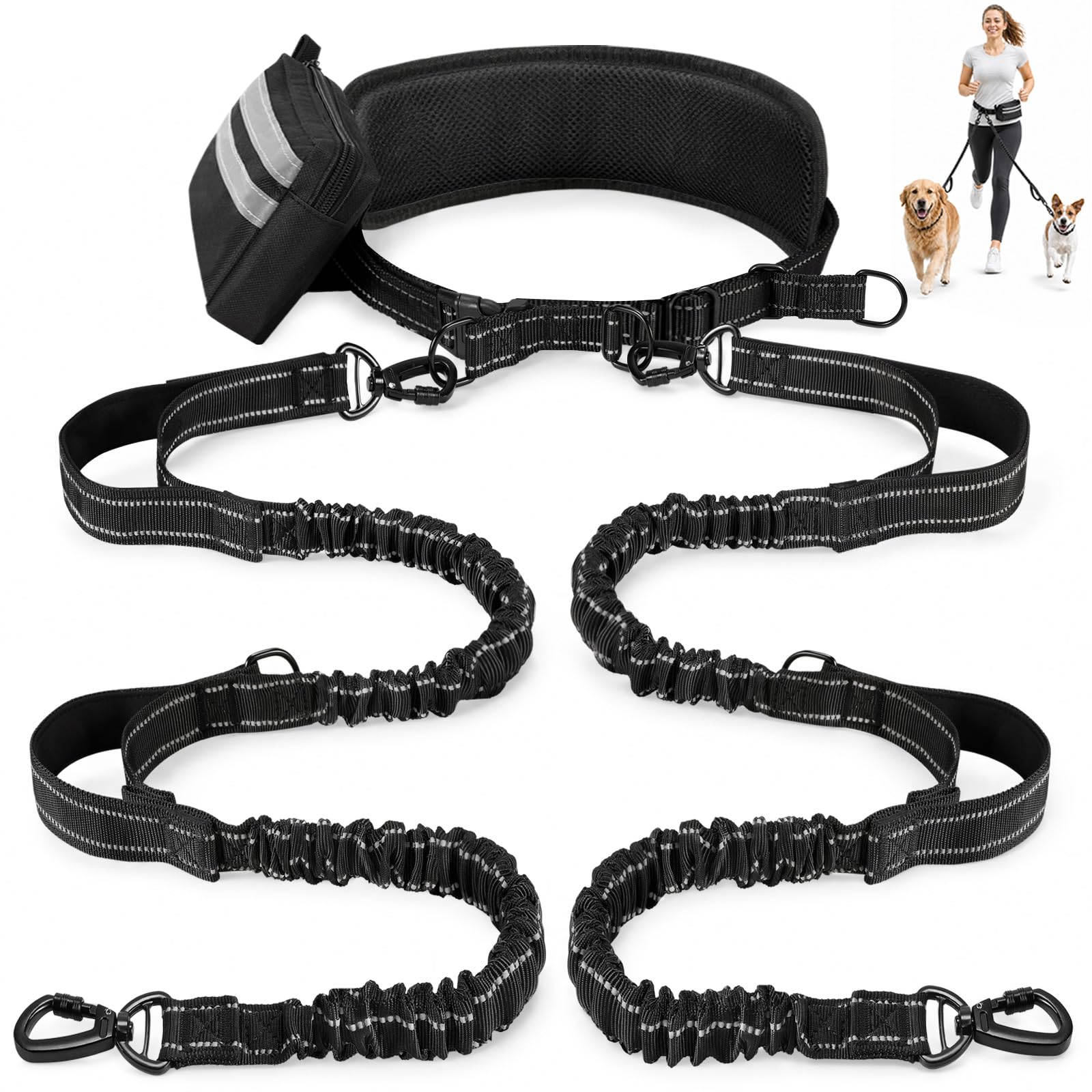 Gimars Laisse Canicross Chien pour 2 Chiens avec Ceinture Réglable et Sac Banane, Double Laisse Élastique Antichoc Anti-Fuite avec Poignées Réfléchissantes pour Promenade, Chiens 10–50 kg