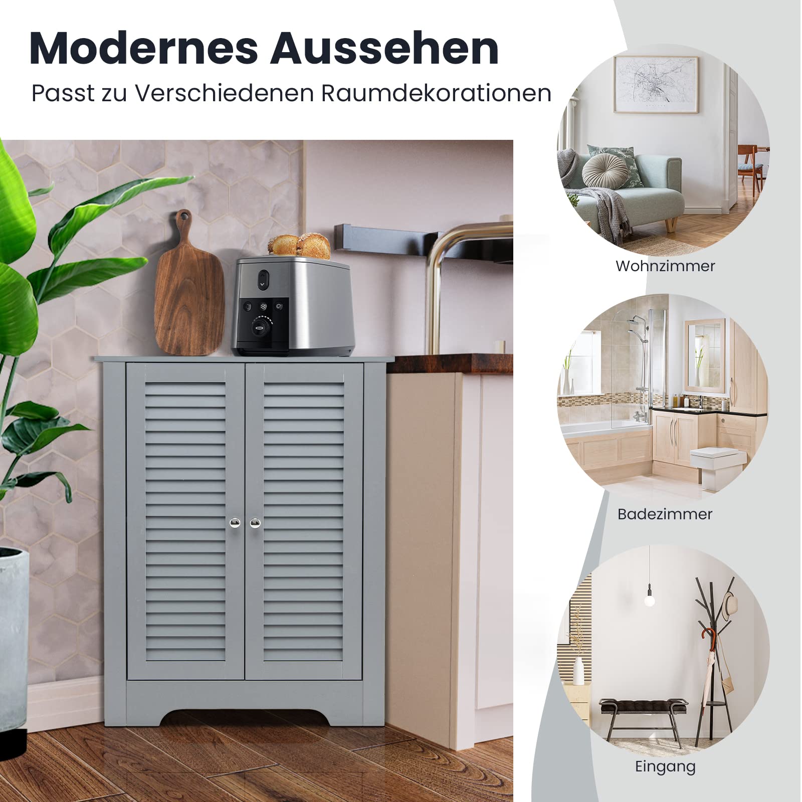 COSTWAY Badezimmerschrank Ecke, Eckschrank Bad mit 2 Lamellentür, Badschrank Unterschrank Holz, Aufbewahrungsschrank für Badezimmer, Küche, Wohnzimmer, 45 x 45 x 81,5 cm, grau