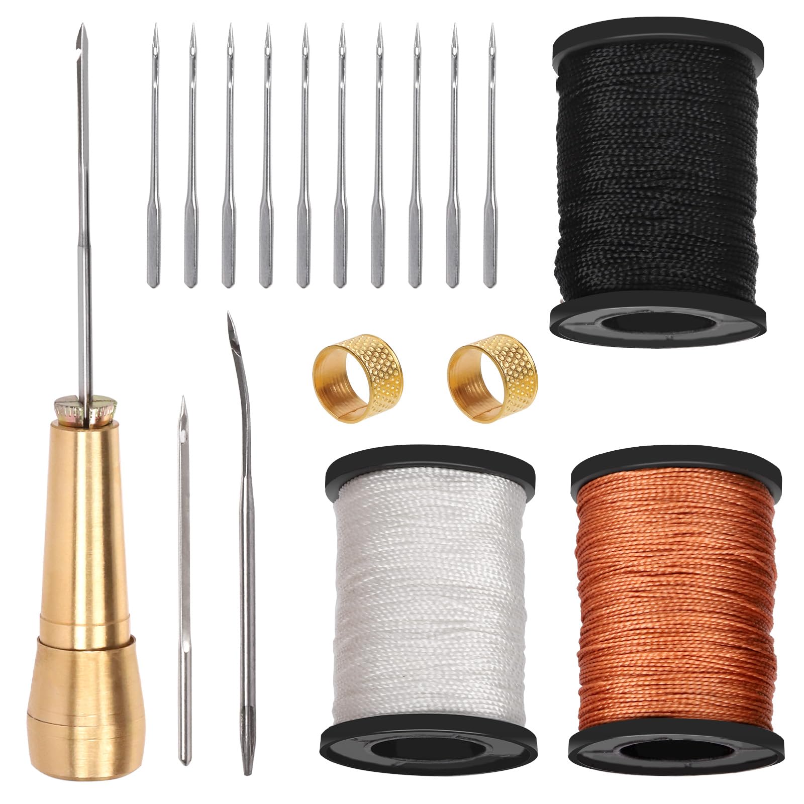 Tanstic 19Pcs Leather Sewing Awl Kit, Includes Leather Sewing Awl Needle with Copper Handle, 50M 3 Colors Nylon Cord Thread and Thimbles for Handmade DIY Sewing Repairing Canvas Leather