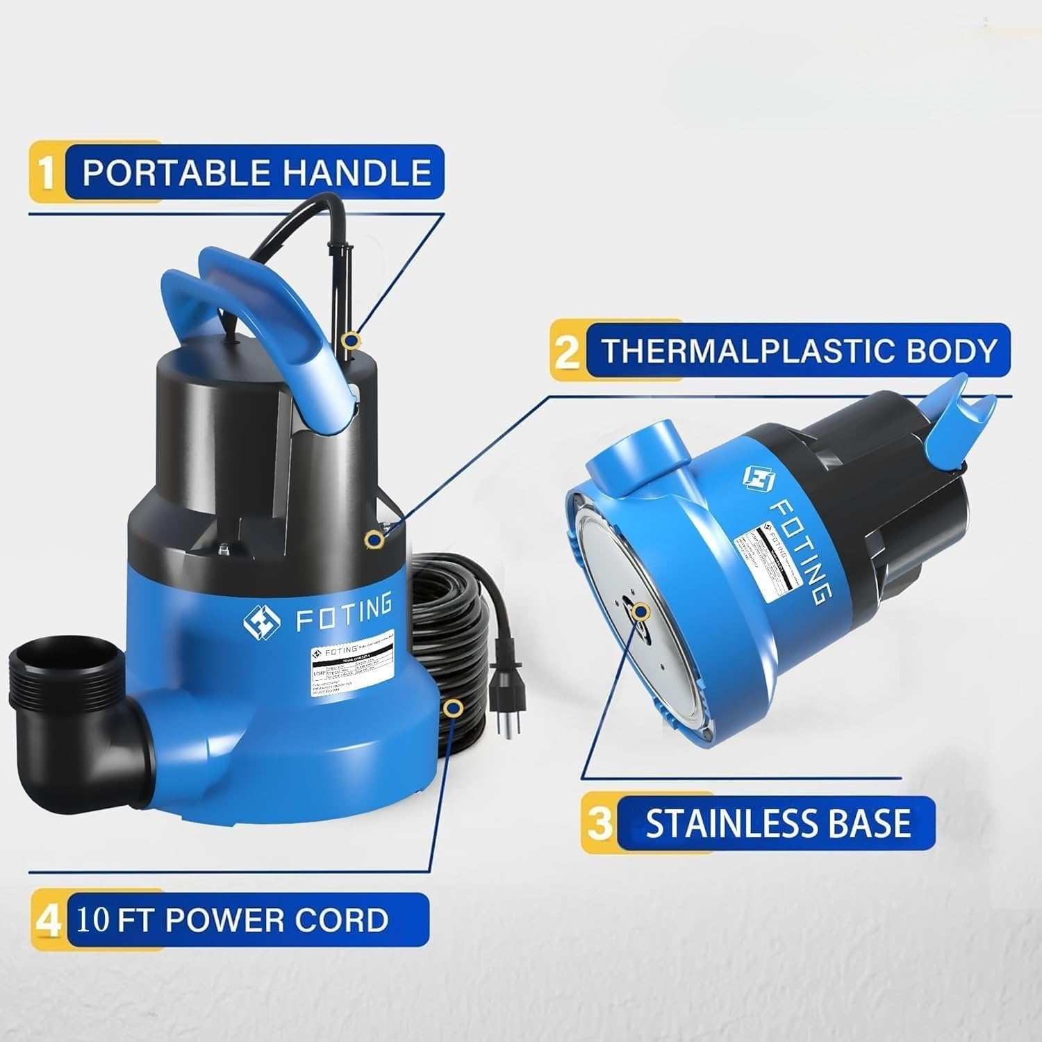 FOTING Kleine Tauchpumpe 1/2 HP 1937 GPH Tauchpumpe für Poolentwässerung, Wasser bis zu 25 Fuß, 25 Fuß Netzkabel und 3 Adapter, Nutzpumpe