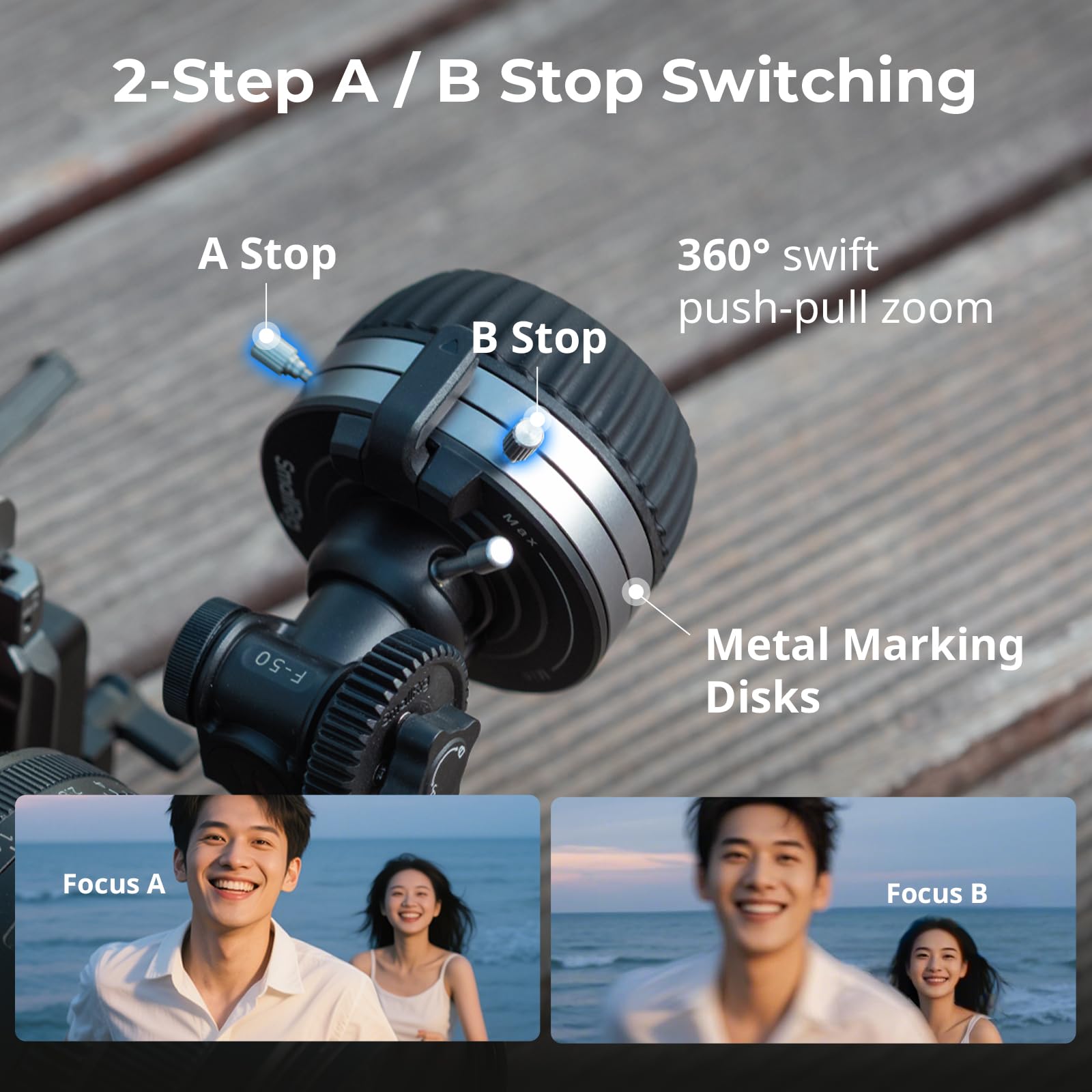 SMALLRIG Follow Focus F50 4745 Levier d'amortissement dynamique en continu et arrêts A/B avec tige de serrage 15 mm pour appareil photo reflex numérique Sony FE/FE C et Canon