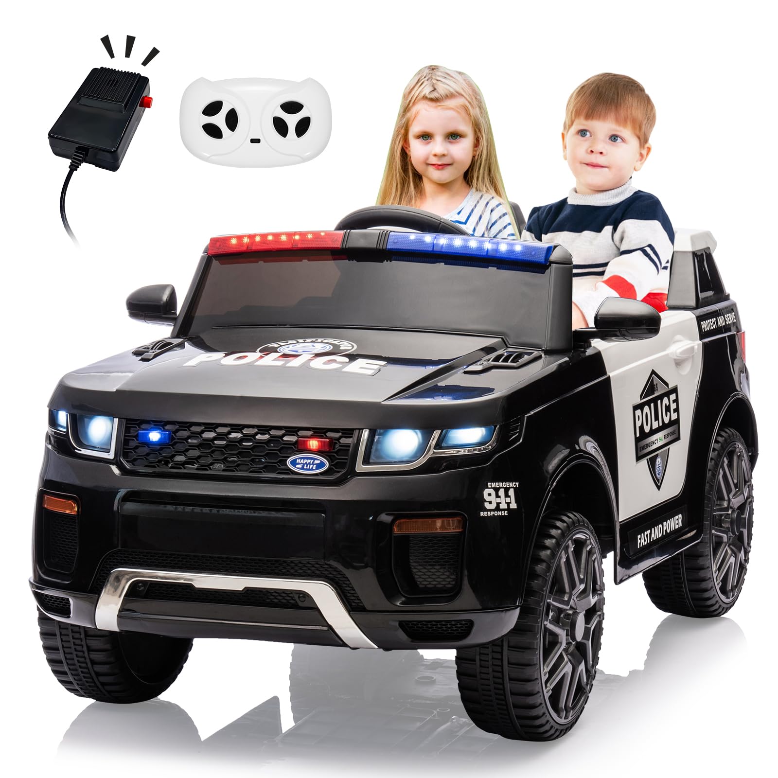 GarveeLife 12V Kids Ride On Police Car with Remote Control Electric Police Car for Kids 3-8 Toddlers Ride On Police Car Toy with LED Flashing Light, Megaphone, Spring Suspension, Handle, Music, Black