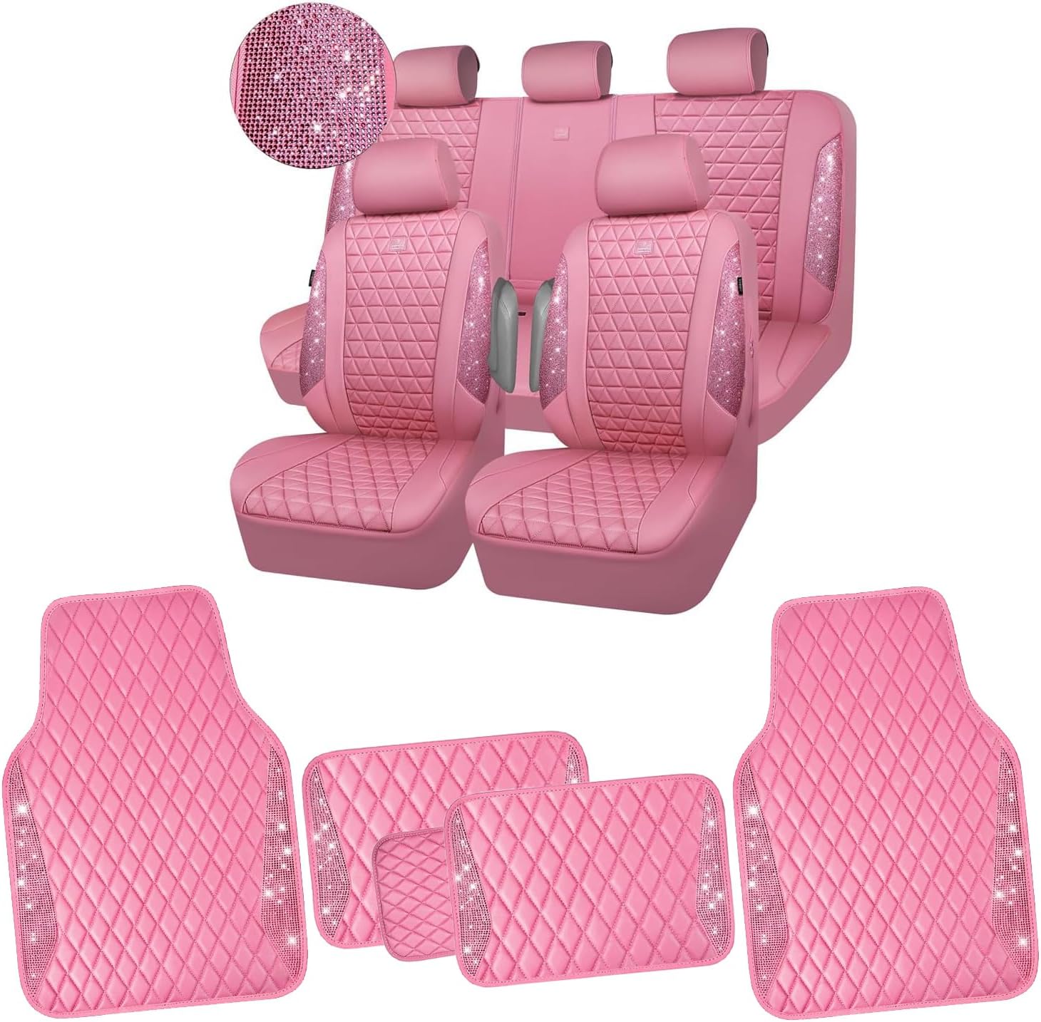CAR PASS Bling Diamond Pink Leather Car Seat Covers Full Sets Car Floor Mats Interior Sets, Waterproof Shining Glitter Sparkly Crystal Universal Armrest Fit Automotive Truck SUV Cute Women Girl, Pink