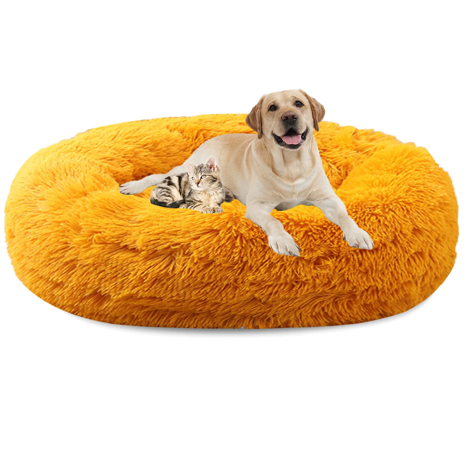 Uspokajające legowisko dla psa, pluszowe legowisko dla zwierząt domowych, puszyste okrągłe przytulanki, poduszka, szczeniak, zmywalne, zdejmowane dno legowisko dla psa, kota, złote||Ø70 cm