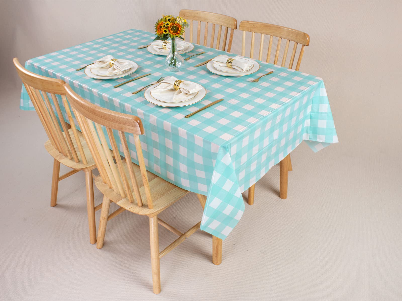 Kesfey 3 Packs Aqua and White Gingham Table Cloths 54 x 108 Inches Disposable Plastic Checkered Tablecovers Waterproof Rectangle Picnic Party Table Covers for Birthday Party Supplies Christmas - 5