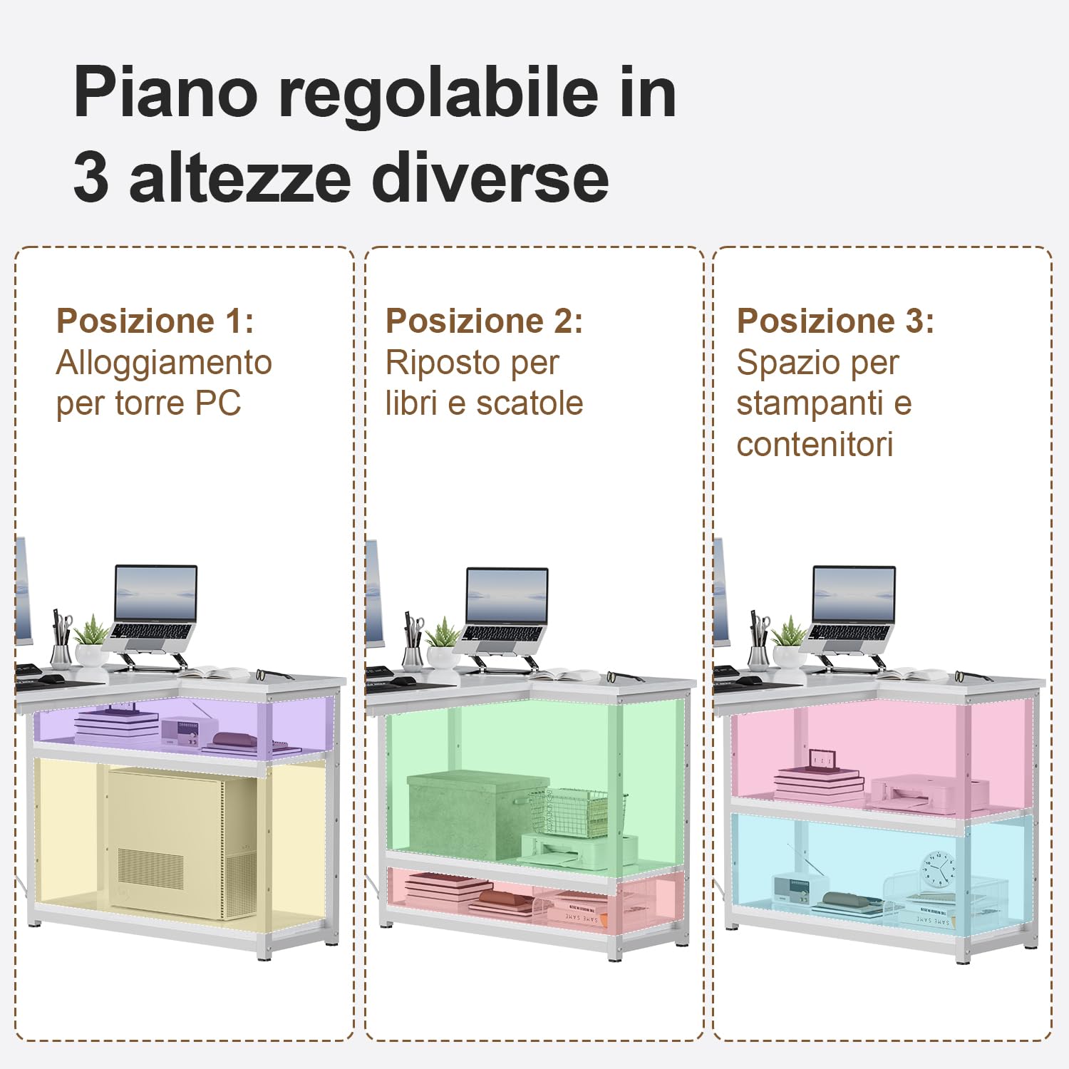 JUMMICO Scrivania Angolare Compatta a Forma L 100 x 80 cm Bianco | con Ripiano Portaoggetti, Tavolo Multiuso per Casa e Ufficio, Finitura Rovere Vintage, Tavola in legno, Telaio in Metallo