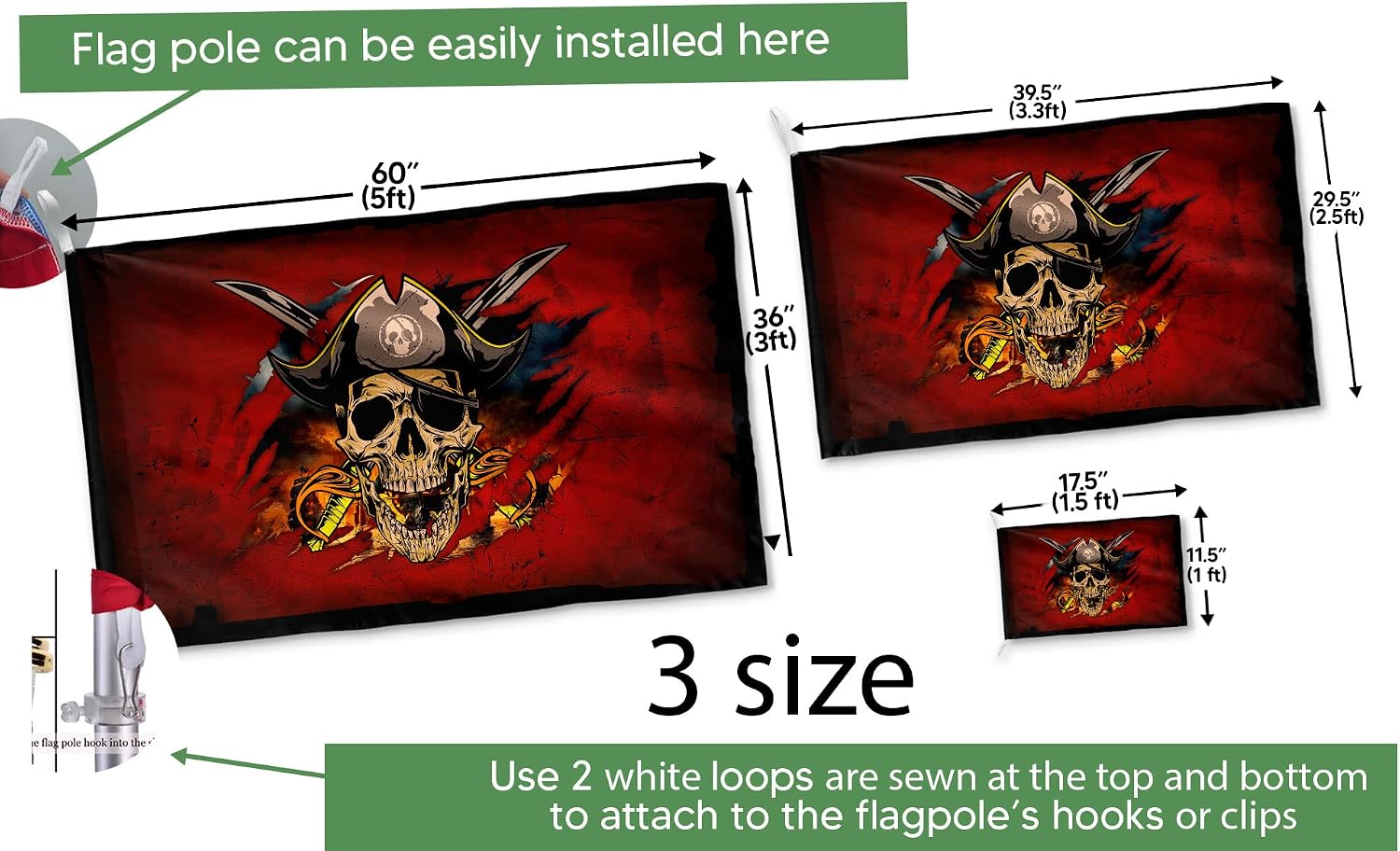 Pirate Flag Jolly Roger Skull with Crossbones, Creepy Ragged Skeleton Flag for Outdoor and Indoor Decoration, Double Sided Flag, Full Size 36