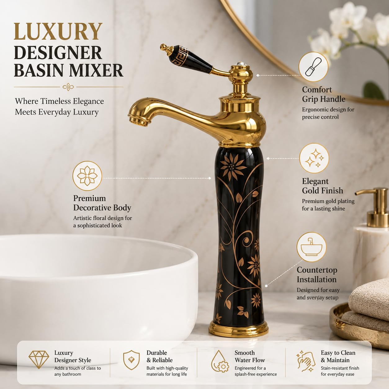Black Gold Basin Mixer Tap - Modern Bathroom Faucet -2 Black Gold Basin Mixer Tap - Modern Bathroom Faucet -2