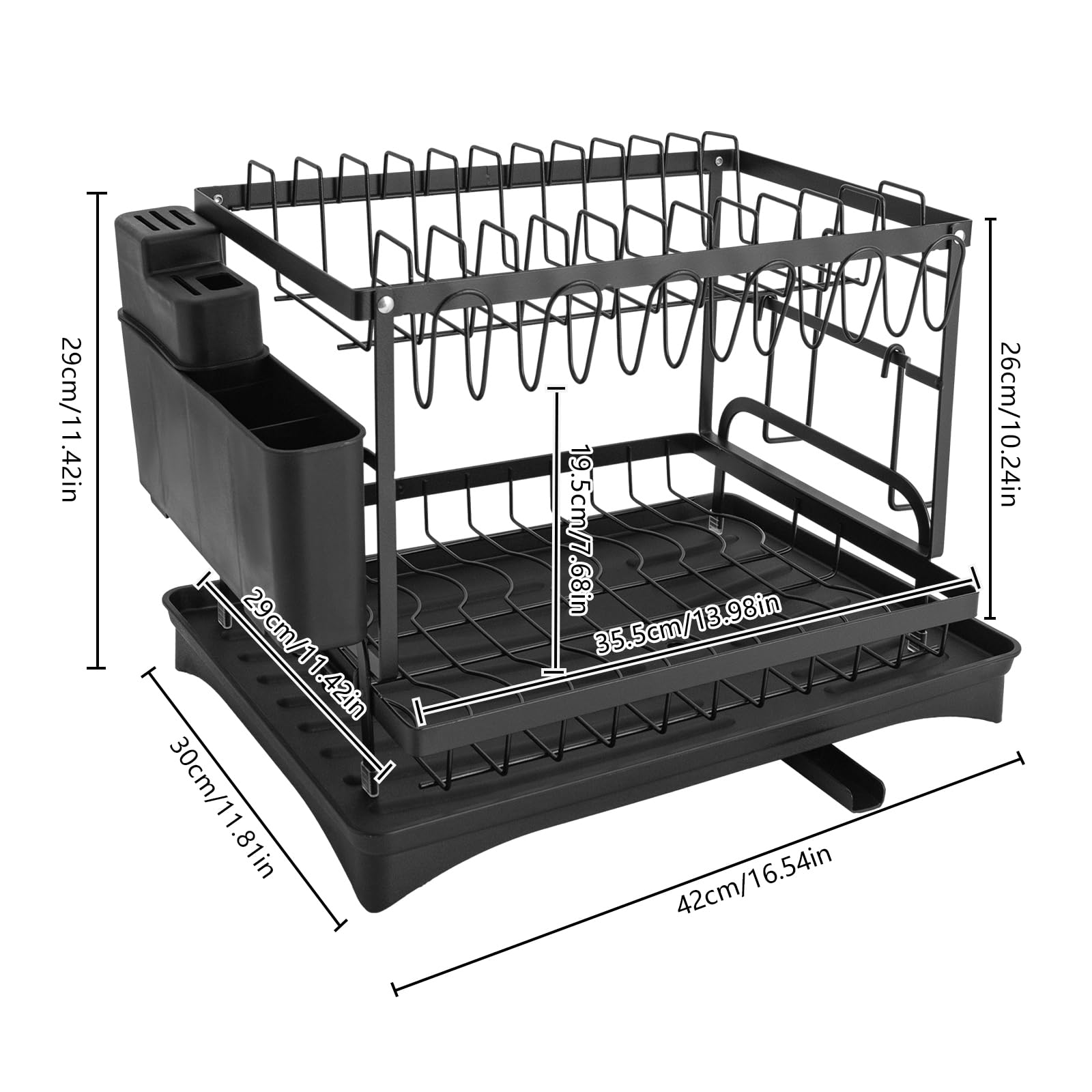 Escurreplatos de acero inoxidable, escurridor de platos, bandeja de goteo de 2 niveles, escurridor de platos para platos, tazas, tabla de cortar (negro)
