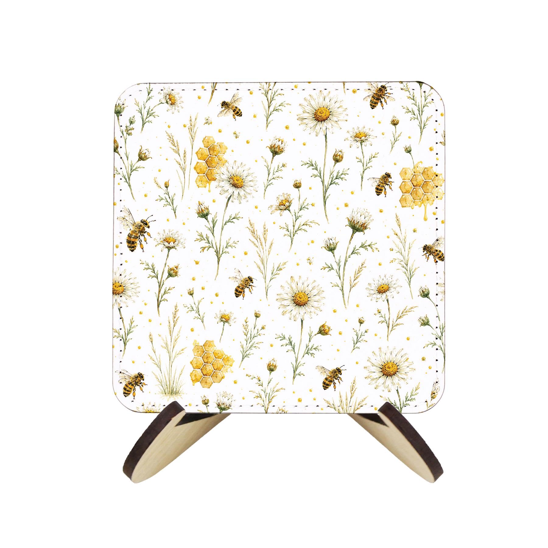 Bee Meadow Faux Leather Coaster Set - Round Table Decor Gift, 4pk & Stand