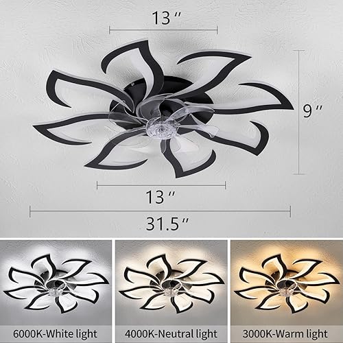 Miniatura 5 de Modern Ceiling Fan with Lights and Remote Control, 32" Black Flush Mount Fan with 3 Light Colors, 6 Speeds, Low Profile for Kitchen and Bedroom