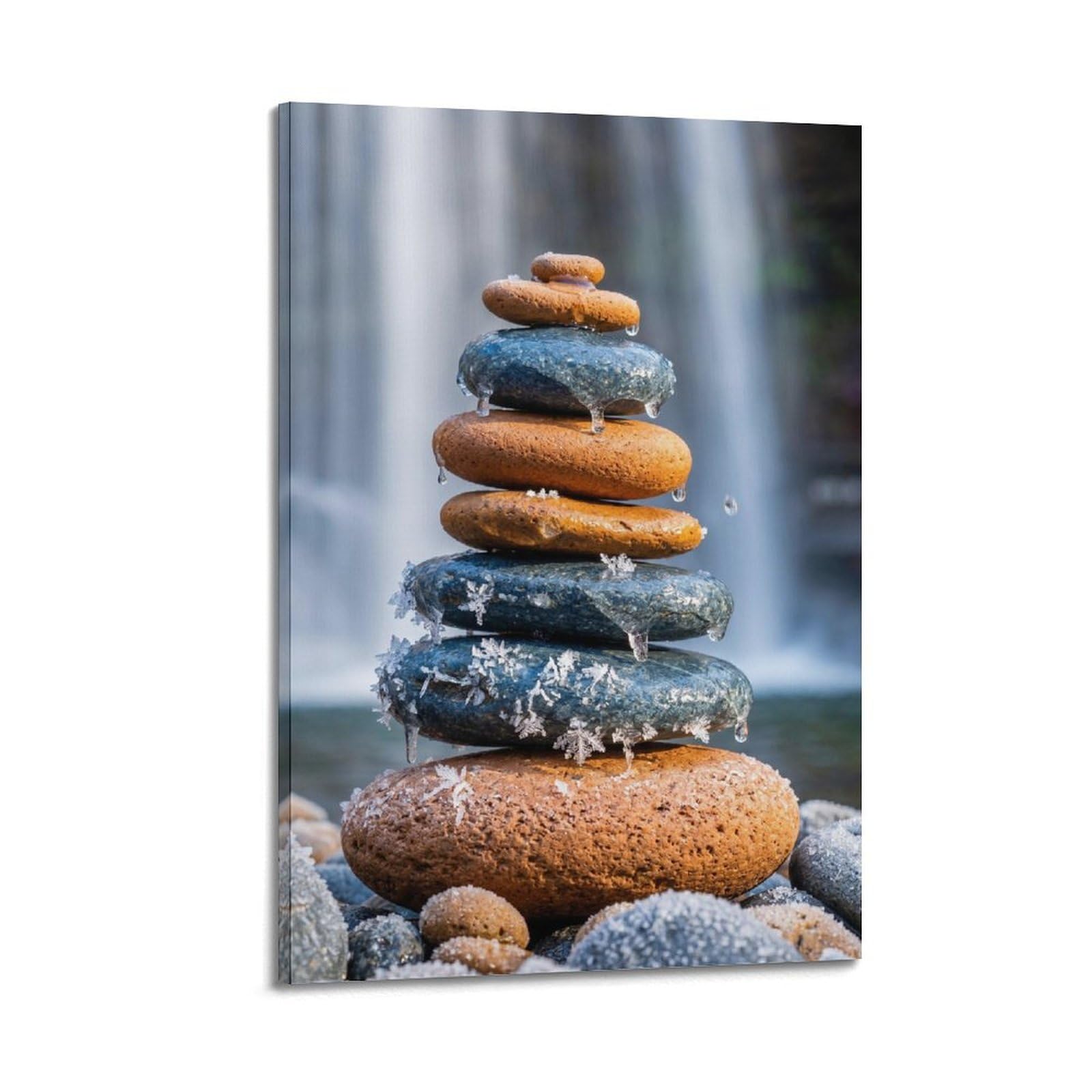 XKUGA Zen Healing Poster Snow Stone Cairn Winter Balance Meditation Modern Decorative Canvas Prints - Ideal Wall Art for Family, Man Cave, Game Room, Boys & Girls Bedroom 20x30inch(50x75cm)