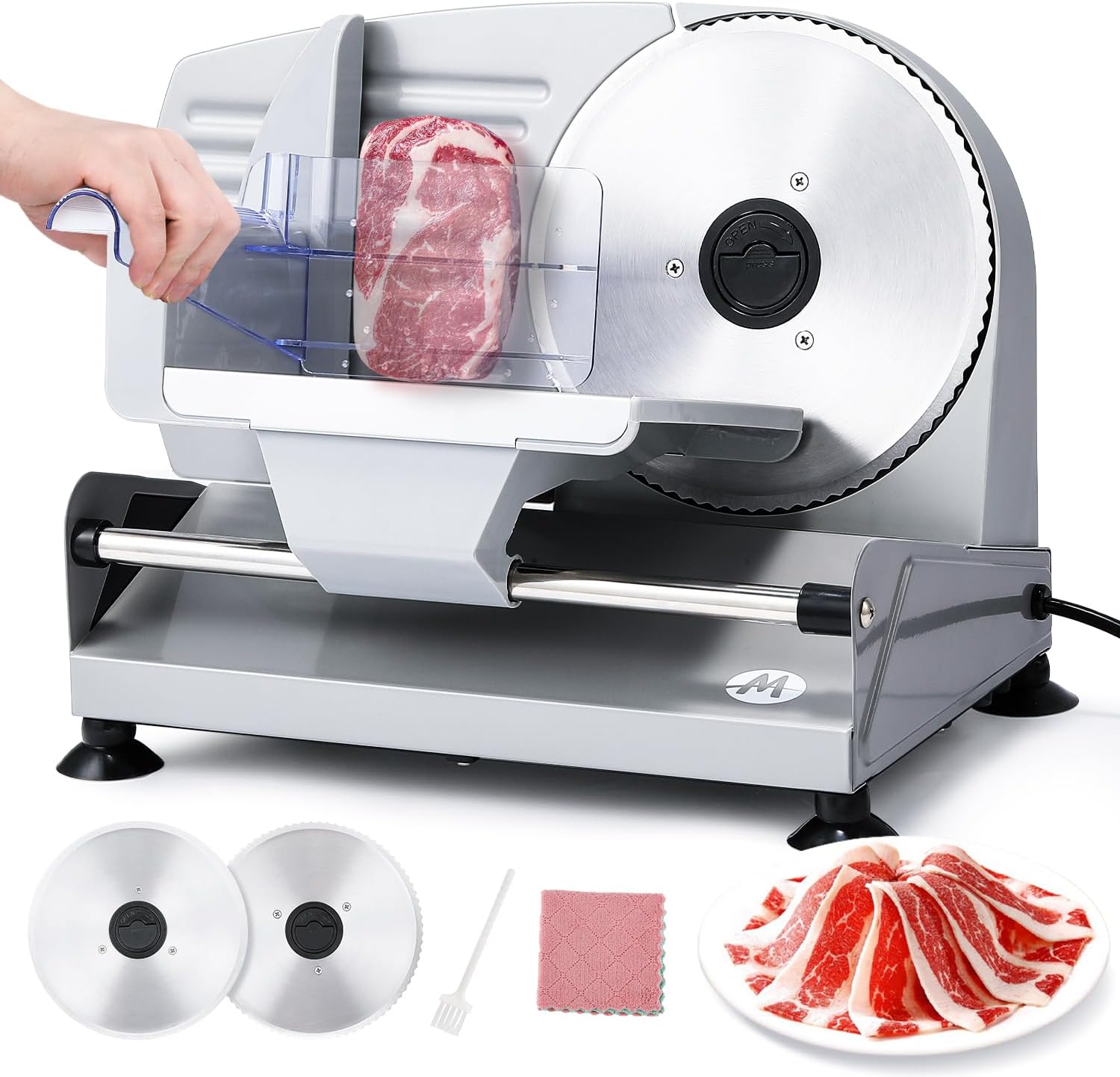 Moongiantgo Electric Meat Slicer 200W With 2 Removable 7.5’’ Stainless Steel Blades, 0-15MM Adjustable Thickness for Home Use, Child Lock Protection, Meat Cheese Bread Deli Food Slicer Machine, 110V