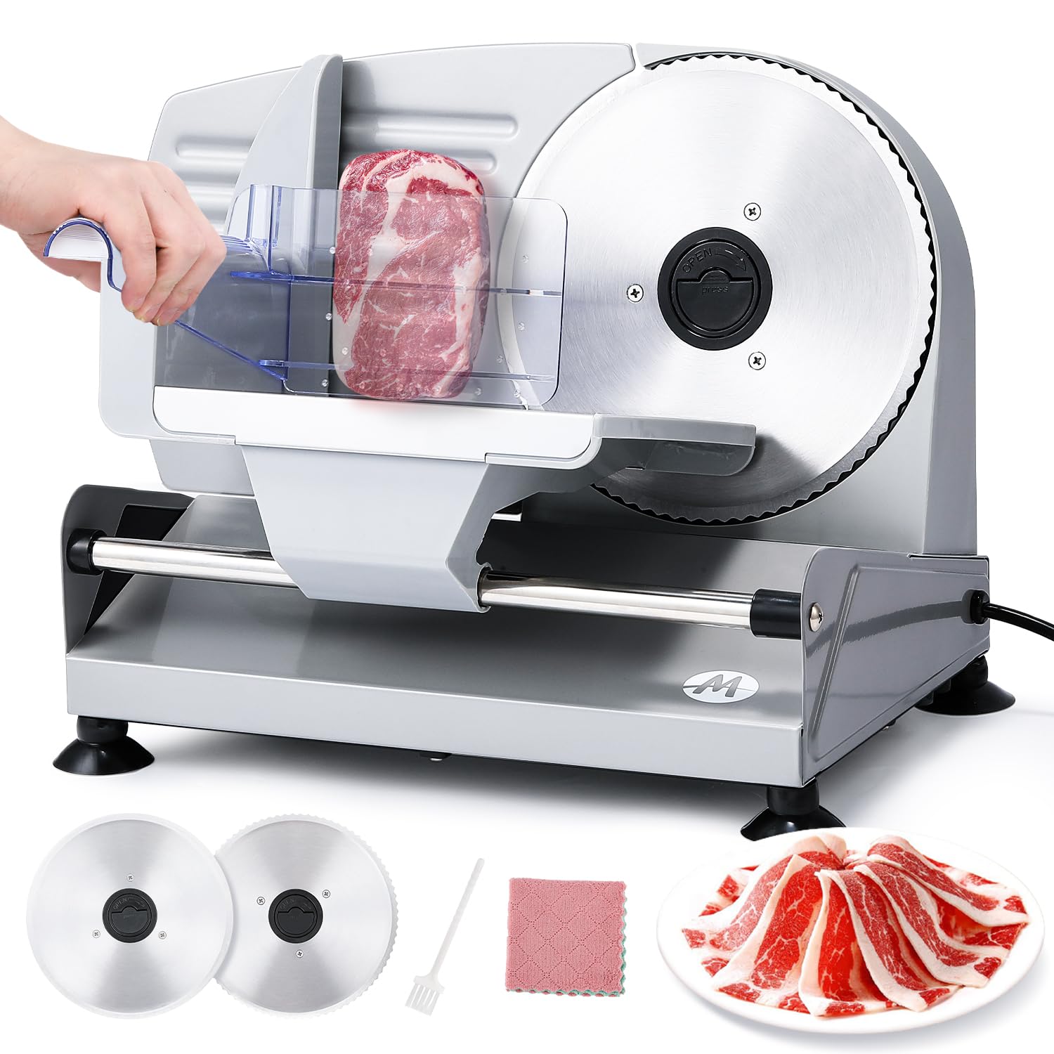 Moongiantgo Meat Slicer 200W With 2 Removable 7.5’’ Stainless Steel Blades, Deli Food Slicer 0-15MM Thickness Adjustable, Child Lock Protection, Meat Fruit Cheese Bread Slicer Machine, 110V
