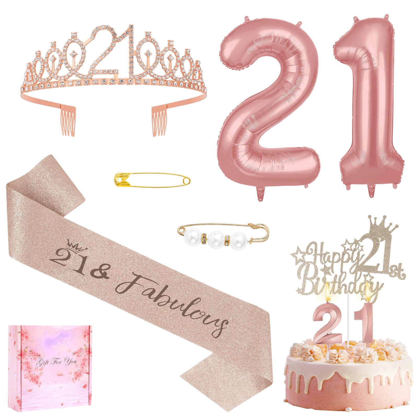 AOOSU 21th Birthday Decorations for Girls,21th Birthday Tiara and Sash with Pearl Pin Rose Gold Cake Topper Number Candle Balloons Kit Sweet 21 Party Decorations Gifts for Women Rose Gold