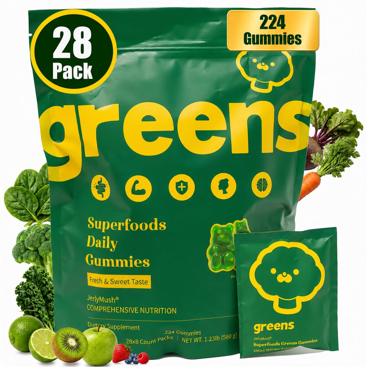 Greens Daily Gummies - Superfood Gummy with Multivitamin Daily Gummies for Women and Men with Spirulina, Adaptogens, Chlorella, Prebiotic Fiber, Fresh Mixed Fruit Flavor (224 count, 28 mini packs) 224 Count (Pack of 1)