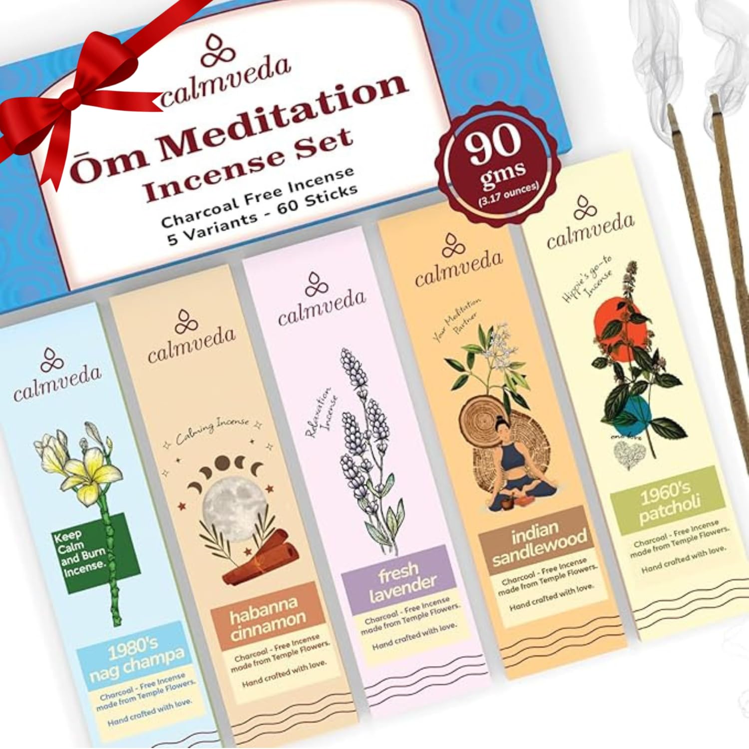 Yoga Meditation Incense Sticks Multipack - (5 Variants) Charcoal Free Insensé Sticks | Nag Champa, 60s Patchouli Incense, Lavender, Cinnamon & Sandalwood Incense | Perfect Incense Gift